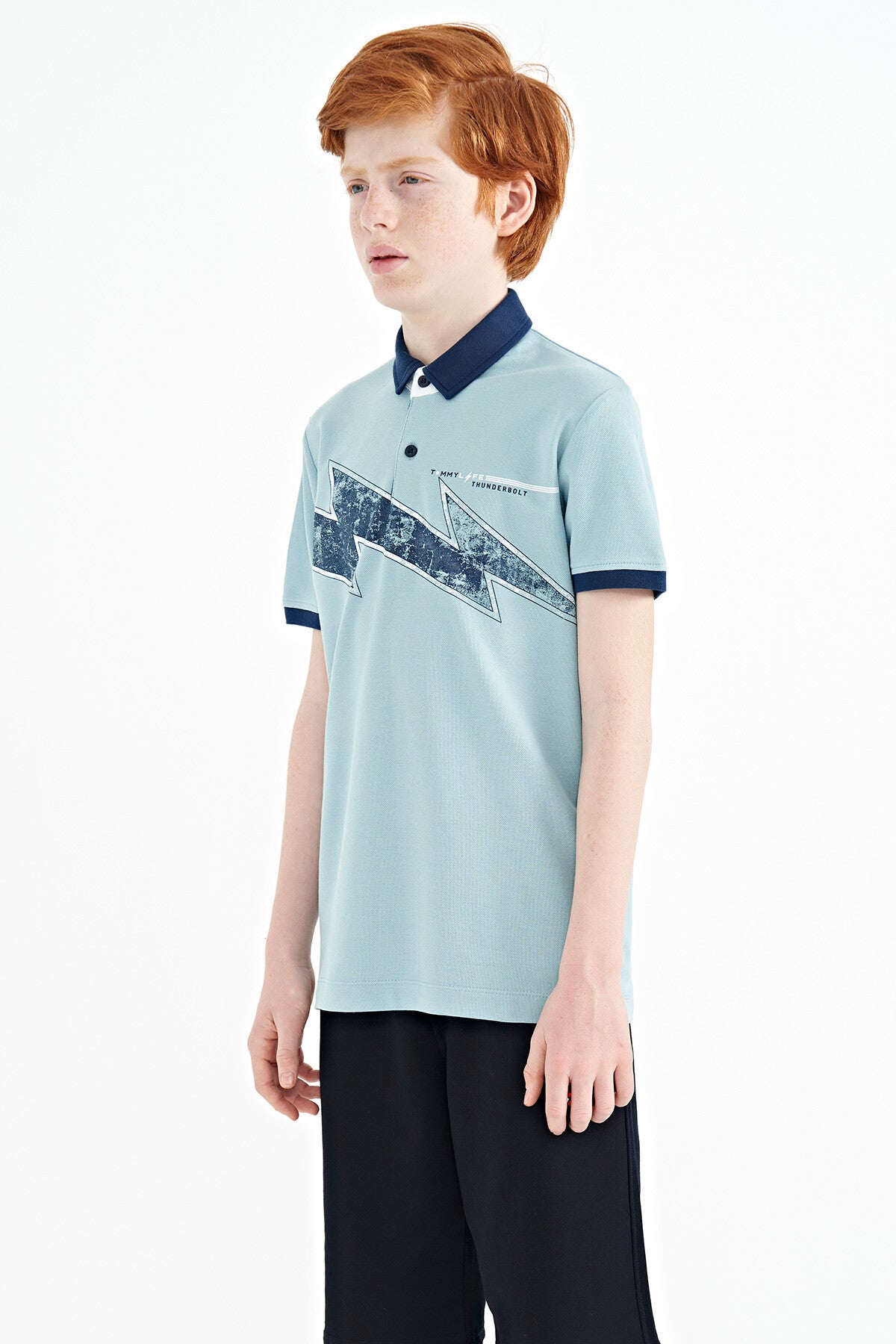 Light Blue Print Detailed Standard Cut Polo Collar Boys T-Shirt - 11154