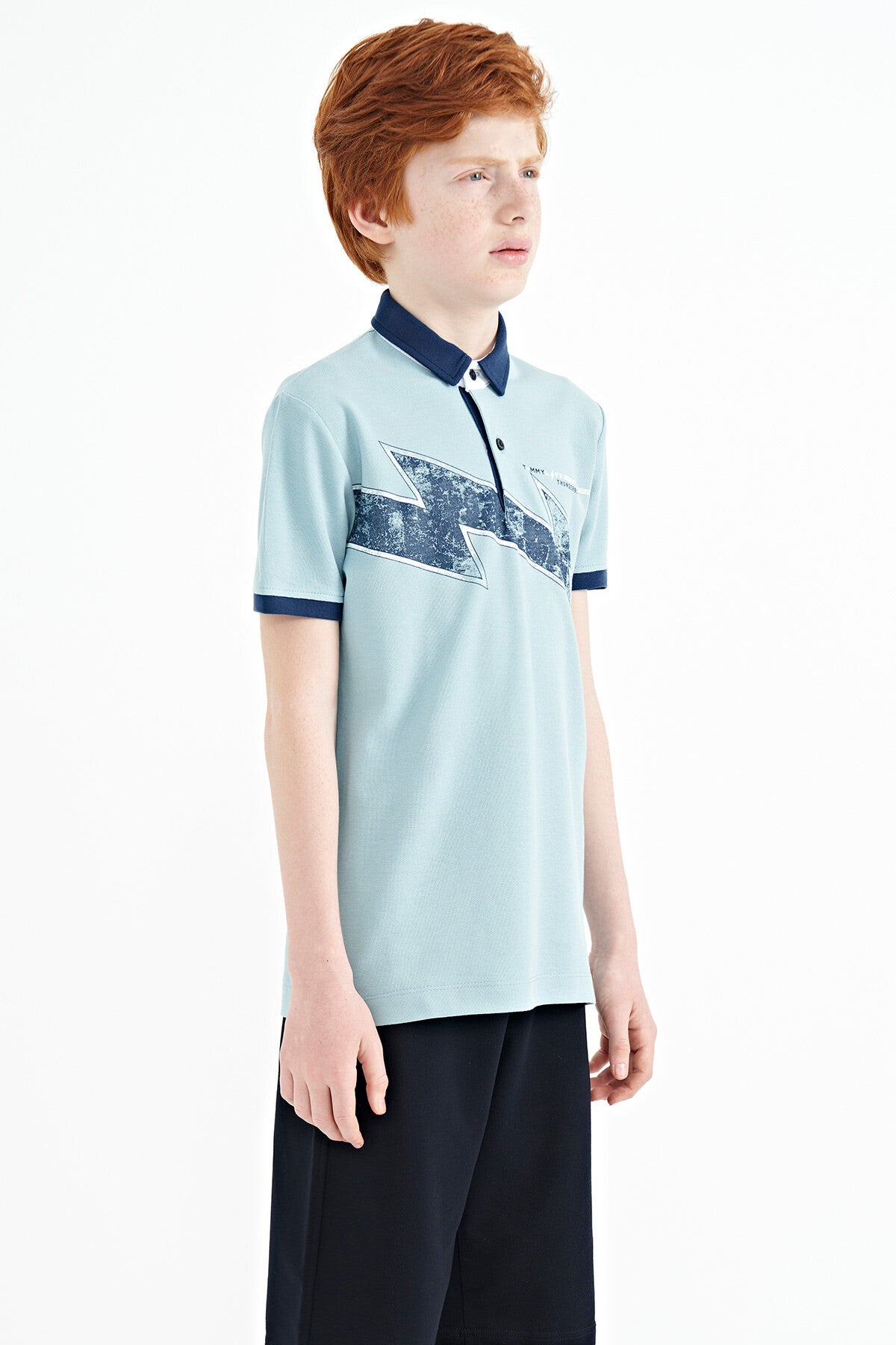 Light Blue Print Detailed Standard Cut Polo Collar Boys T-Shirt - 11154