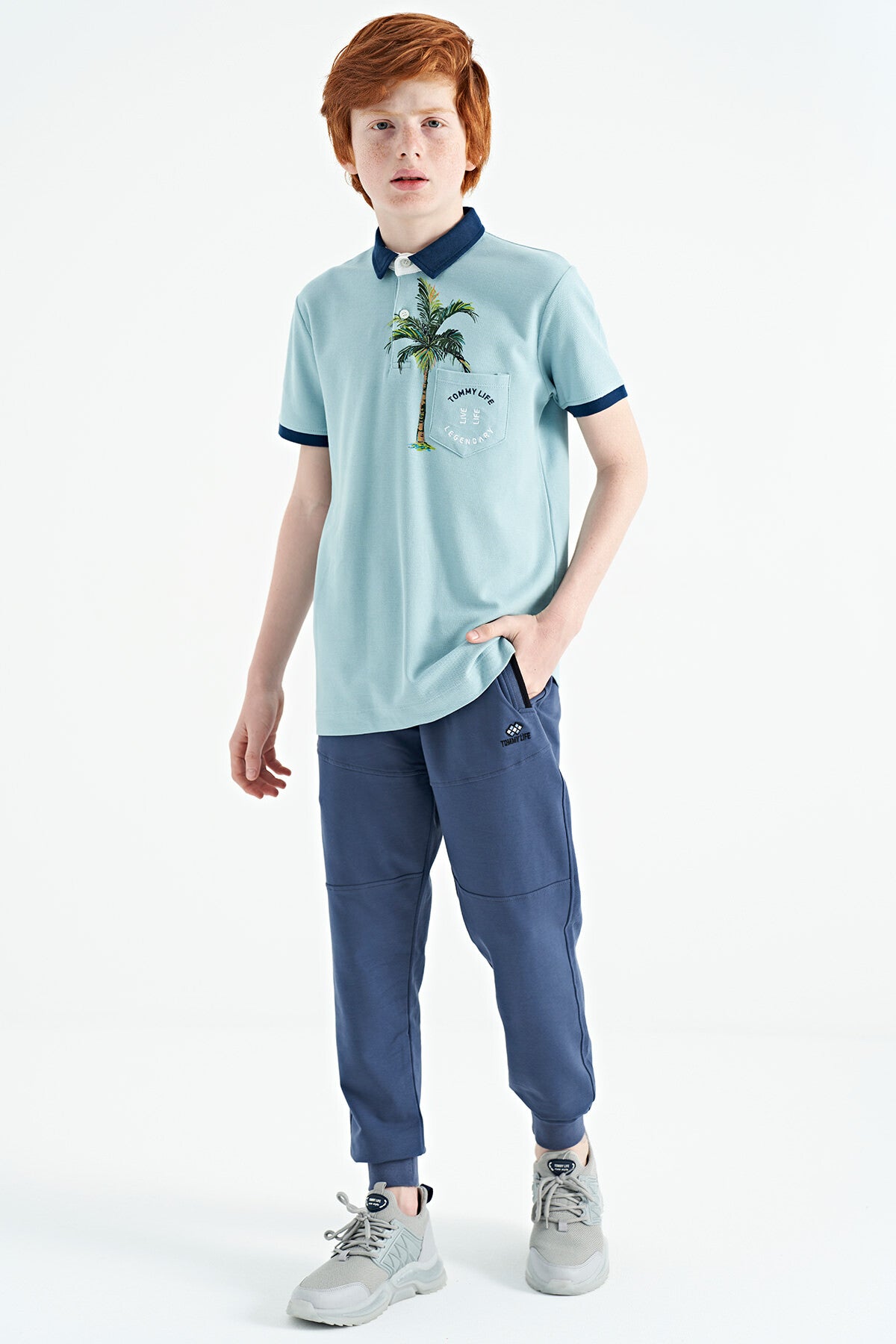 Light Blue Printed Pocket Detailed Standard Fit Polo Collar Boys T-Shirt - 11144
