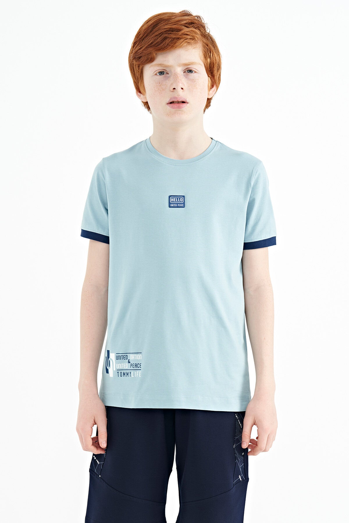 Light Blue Printed Standard Fit O Collar Boys T-Shirt - 11097