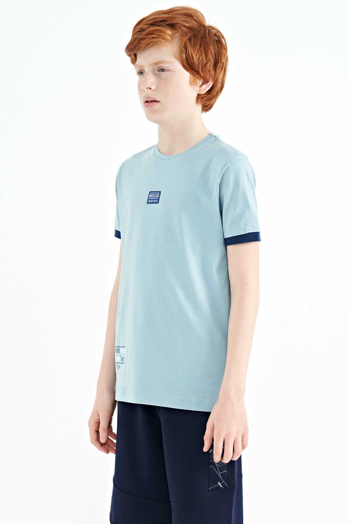 Light Blue Printed Standard Fit O Collar Boys T-Shirt - 11097