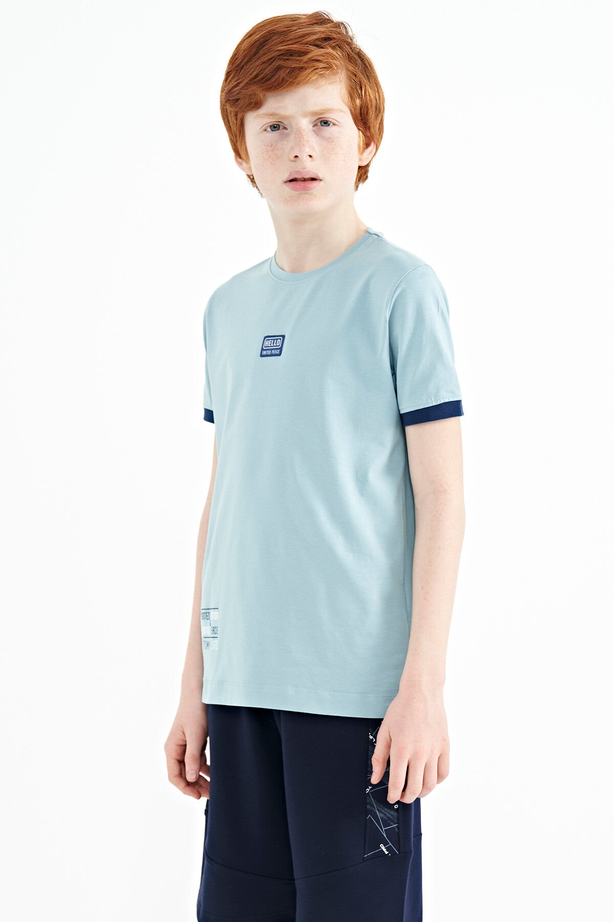 Light Blue Printed Standard Fit O Collar Boys T-Shirt - 11097