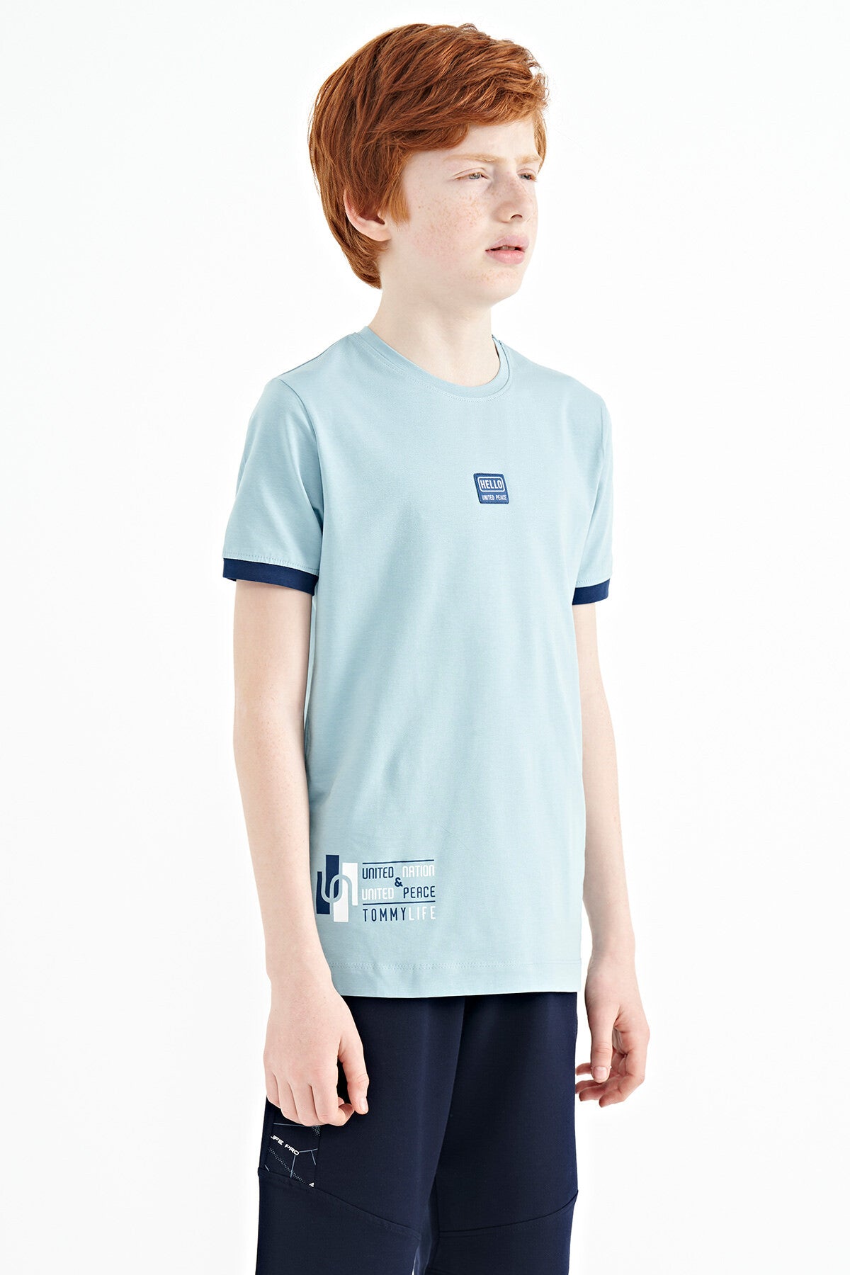 Light Blue Printed Standard Fit O Collar Boys T-Shirt - 11097