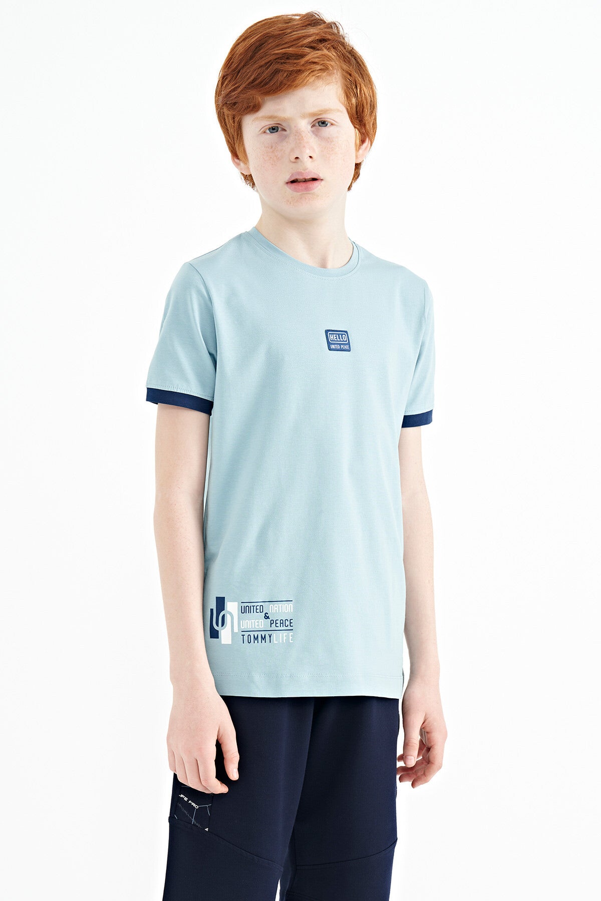 Light Blue Printed Standard Fit O Collar Boys T-Shirt - 11097