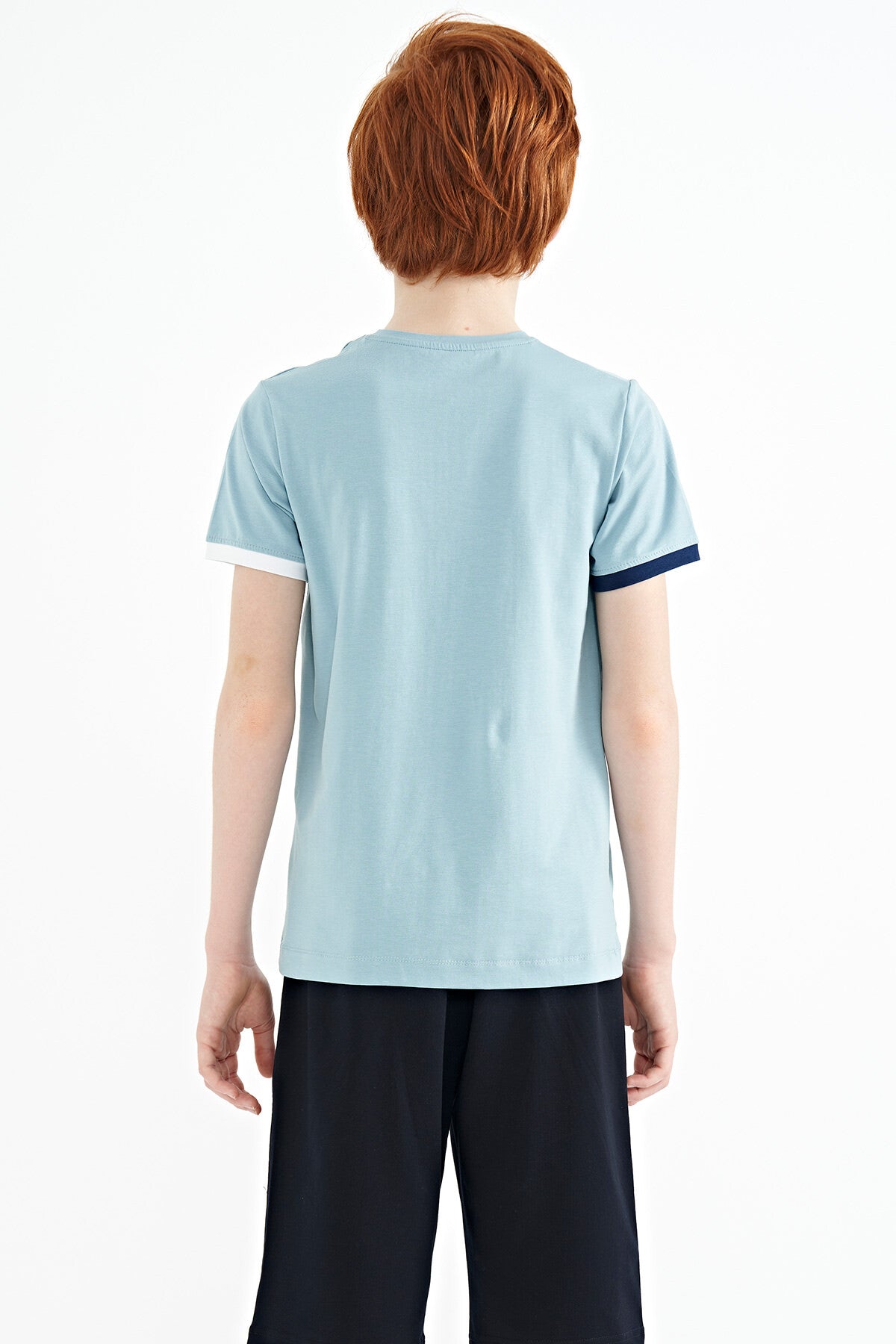 Light Blue Cuff Colored Detailed Printed Standard Fit Boys' T-Shirt - 11156