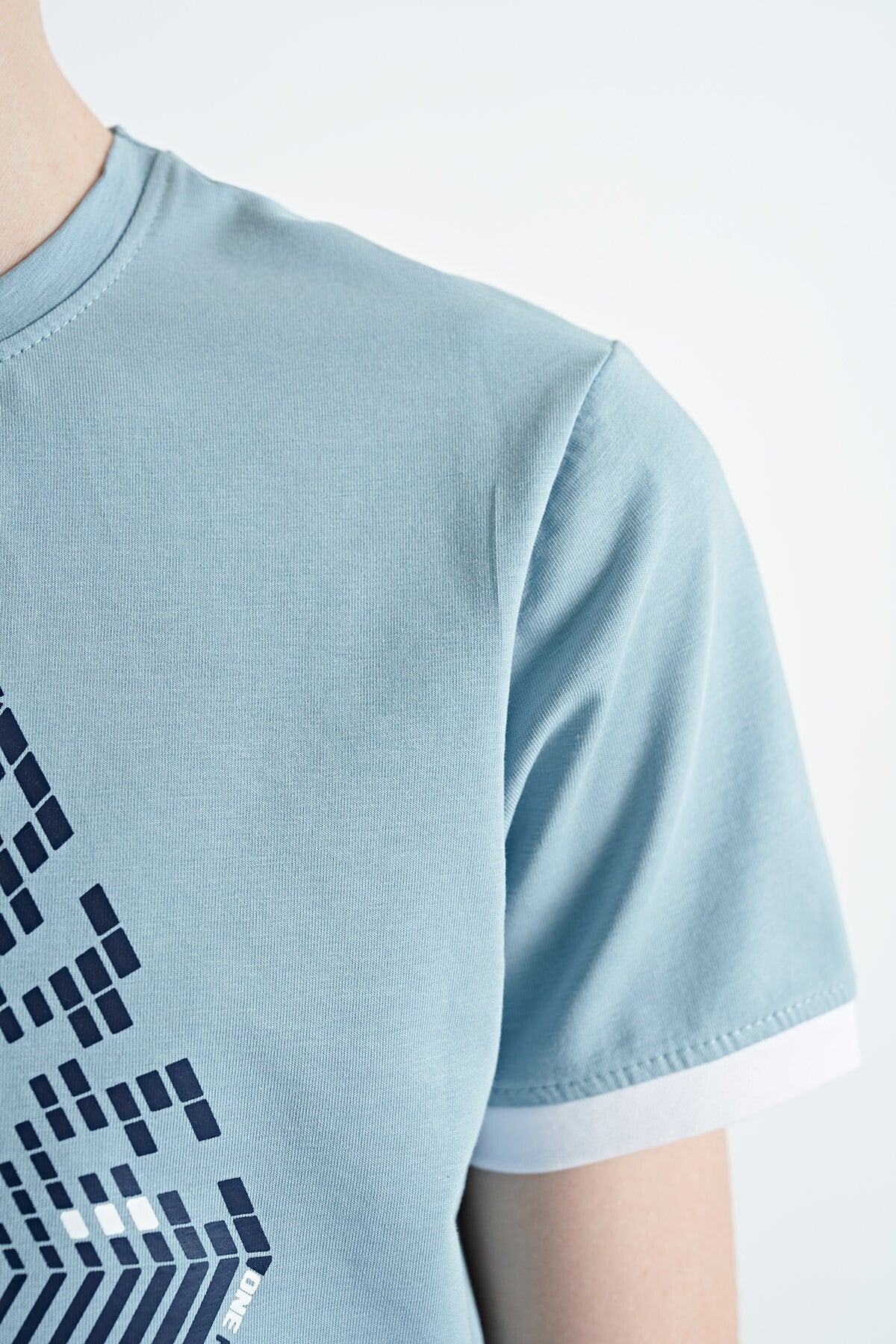 Light Blue Cuff Colored Detailed Printed Standard Fit Boys' T-Shirt - 11156