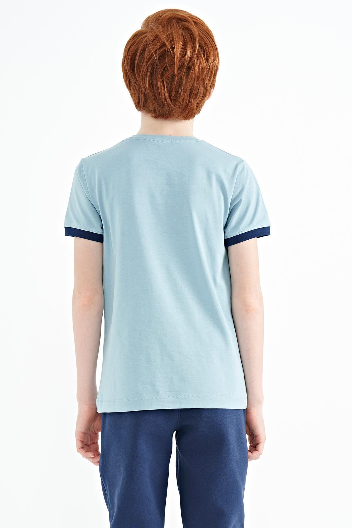 Light Blue Minimal Print Standard Fit O Collar Boys T-Shirt - 11132