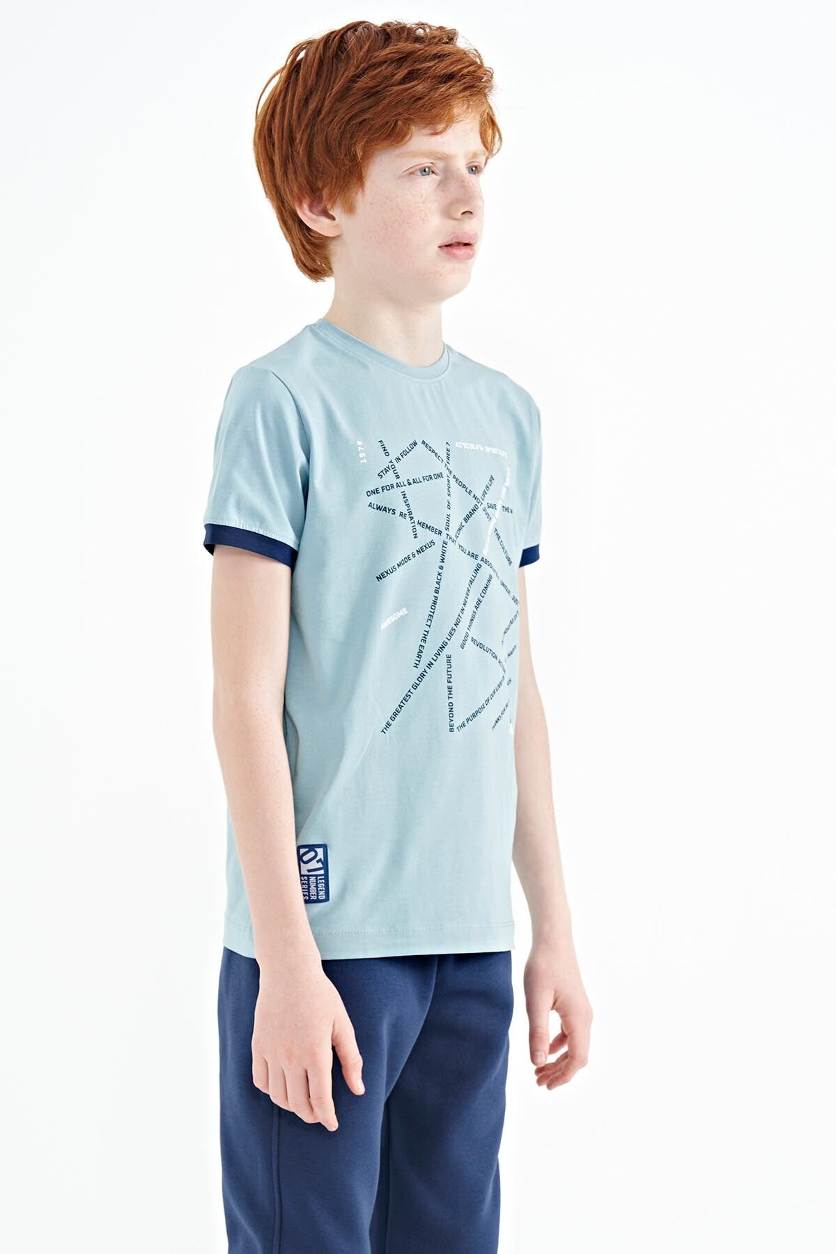 Light Blue Minimal Print Standard Fit O Collar Boys T-Shirt - 11132