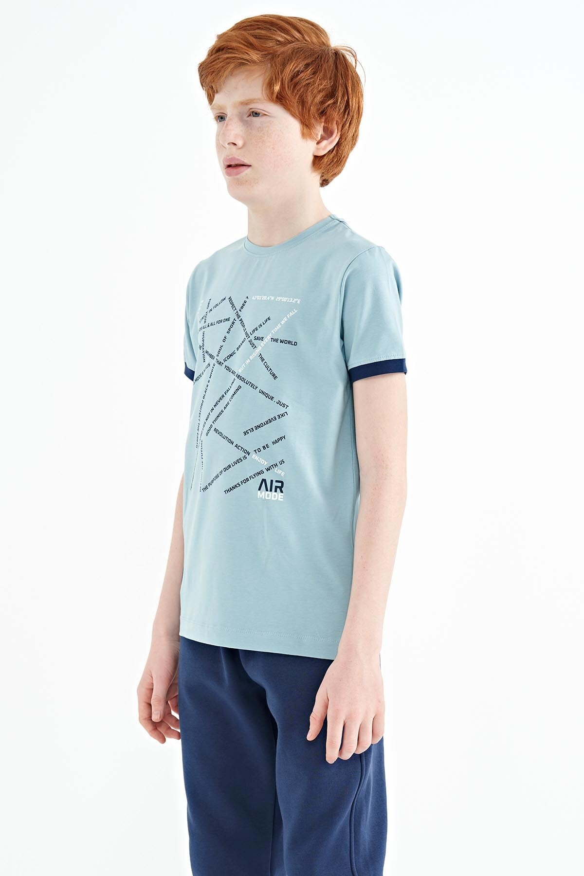 Light Blue Minimal Print Standard Fit O Collar Boys T-Shirt - 11132