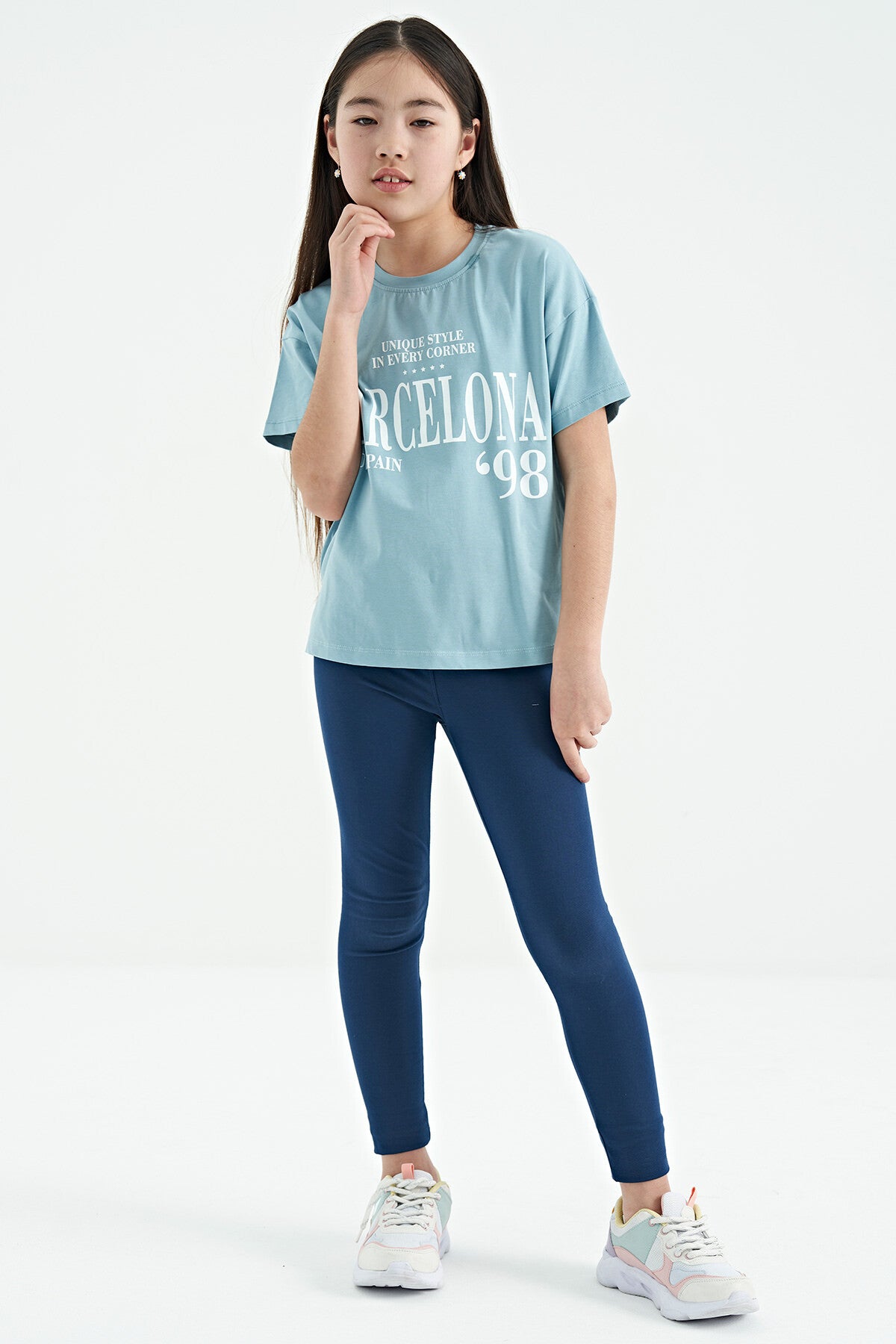 Light Blue O Collar Print Low Shoulder Oversize Girl's T-Shirt - 75115