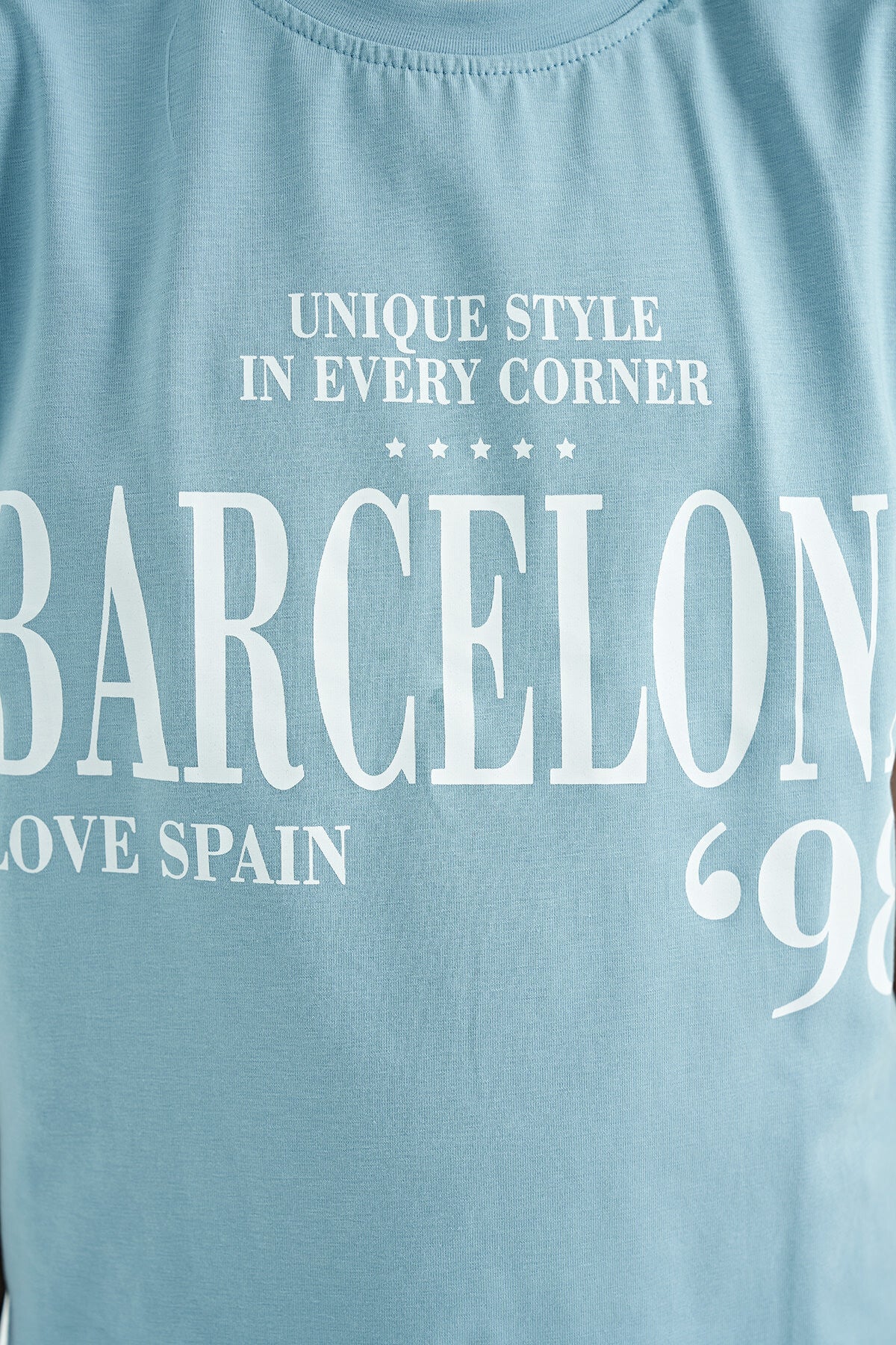Light Blue O Collar Print Low Shoulder Oversize Girl's T-Shirt - 75115
