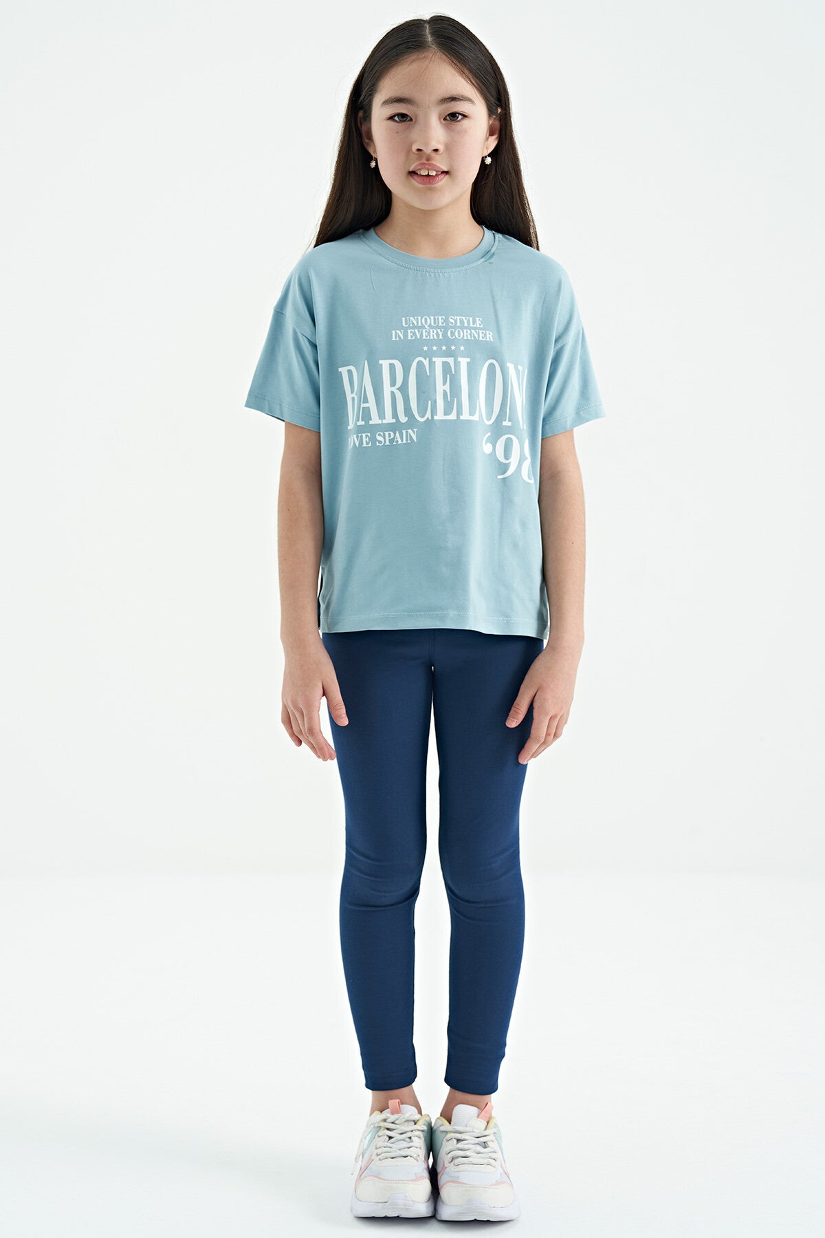 Light Blue O Collar Print Low Shoulder Oversize Girl's T-Shirt - 75115