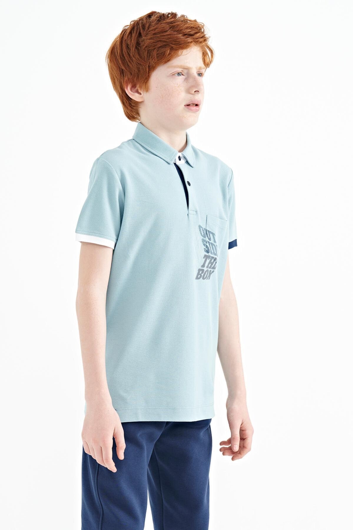 Light Blue Front Pocket Detailed Print Standard Fit Polo Collar Boys T-Shirt - 11102