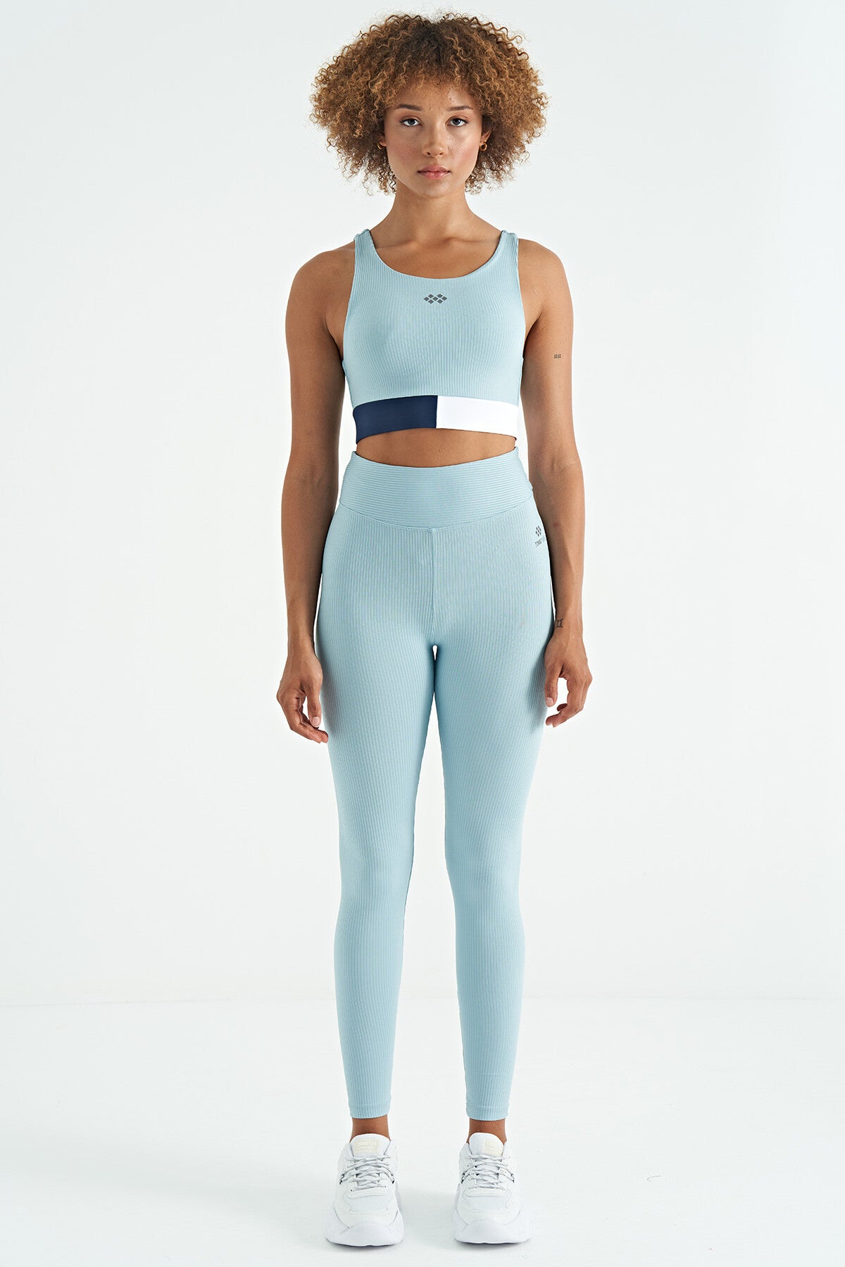 Light Blue Color Block Logo Printed Slim Fit Striped Women's Bustier - 97275
