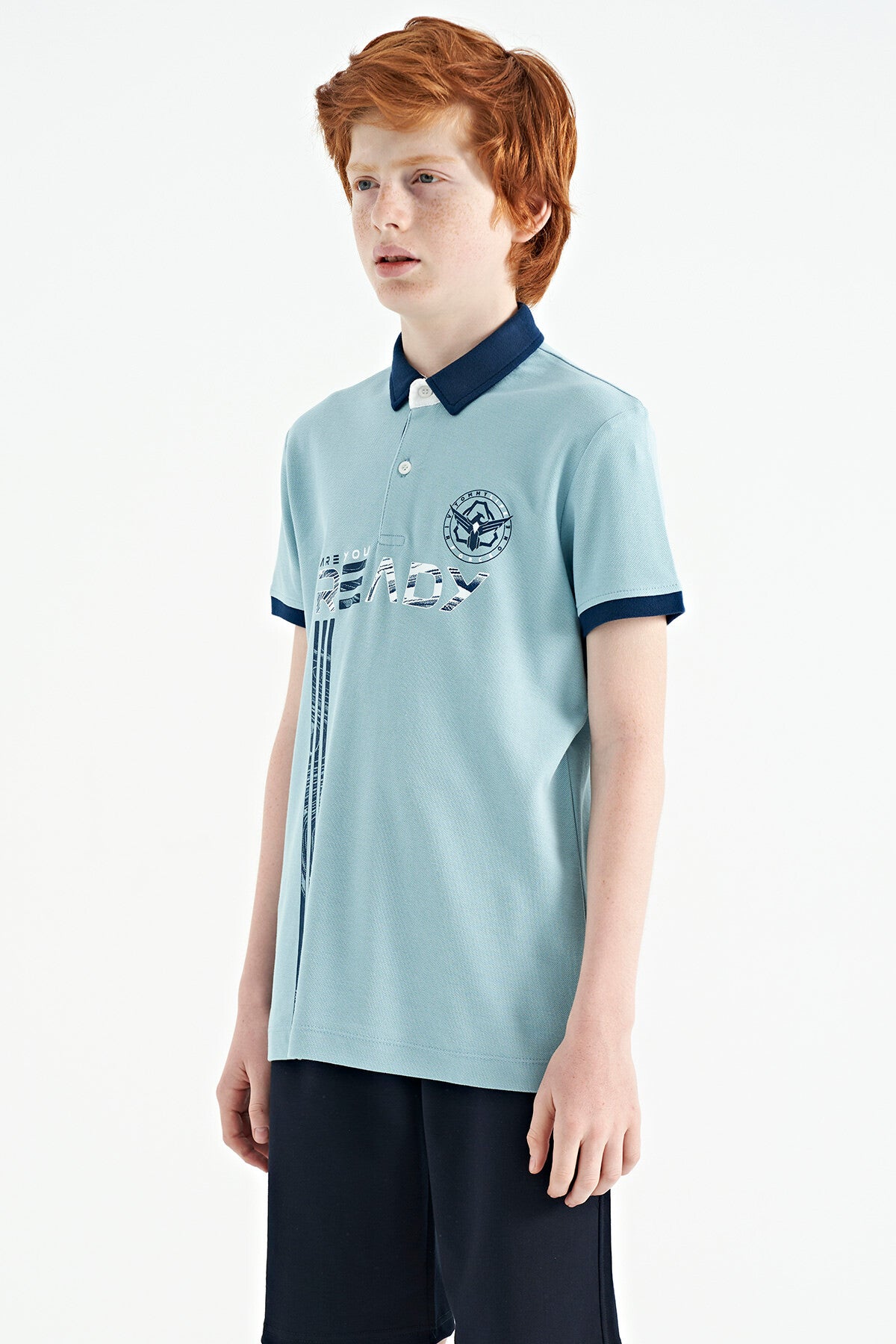 Light Blue Print Pattern Standard Fit Polo Collar Boys T-Shirt - 11143