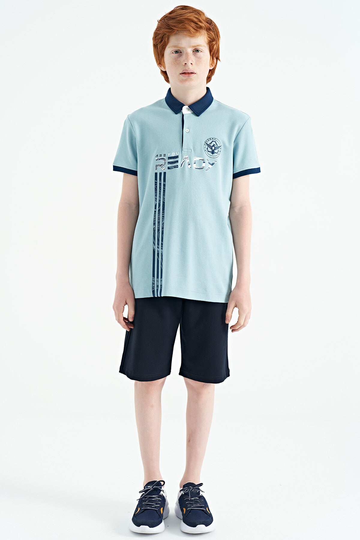 Light Blue Print Pattern Standard Fit Polo Collar Boys T-Shirt - 11143