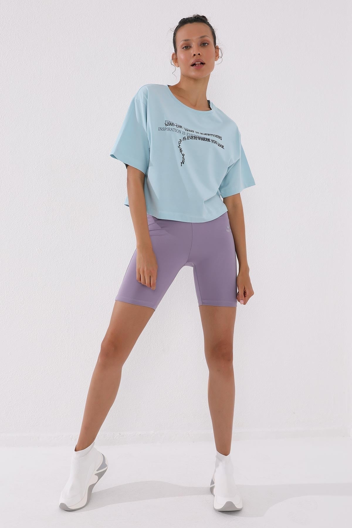 Light Blue Printed Short O Collar Women's Oversize T-Shirt - 97135