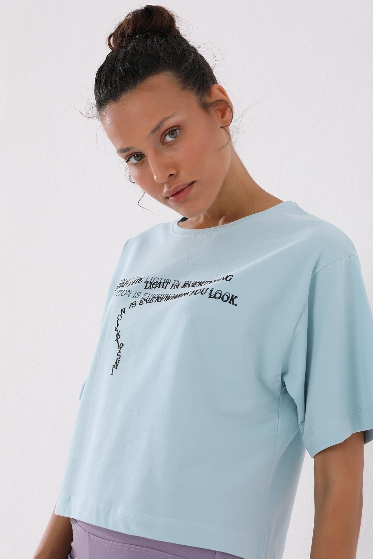 Light Blue Printed Short O Collar Women's Oversize T-Shirt - 97135