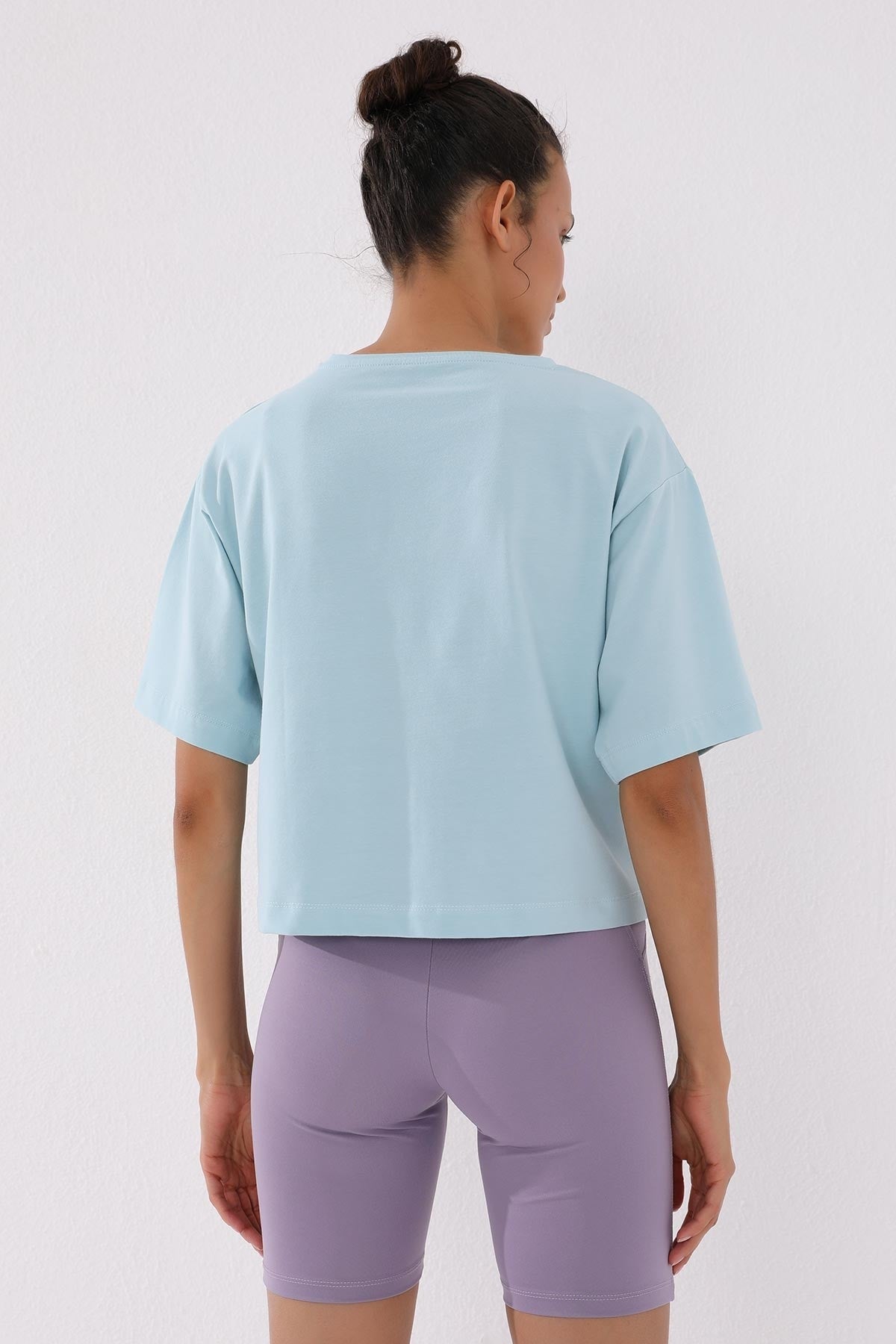 Light Blue Printed Short O Collar Women's Oversize T-Shirt - 97135