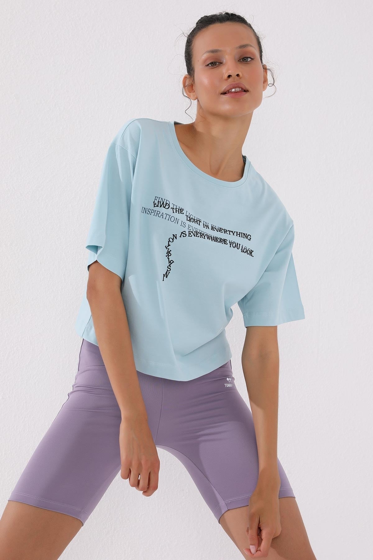 Light Blue Printed Short O Collar Women's Oversize T-Shirt - 97135