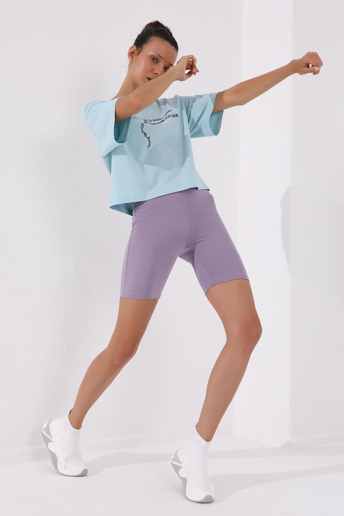 Light Blue Printed Short O Collar Women's Oversize T-Shirt - 97135
