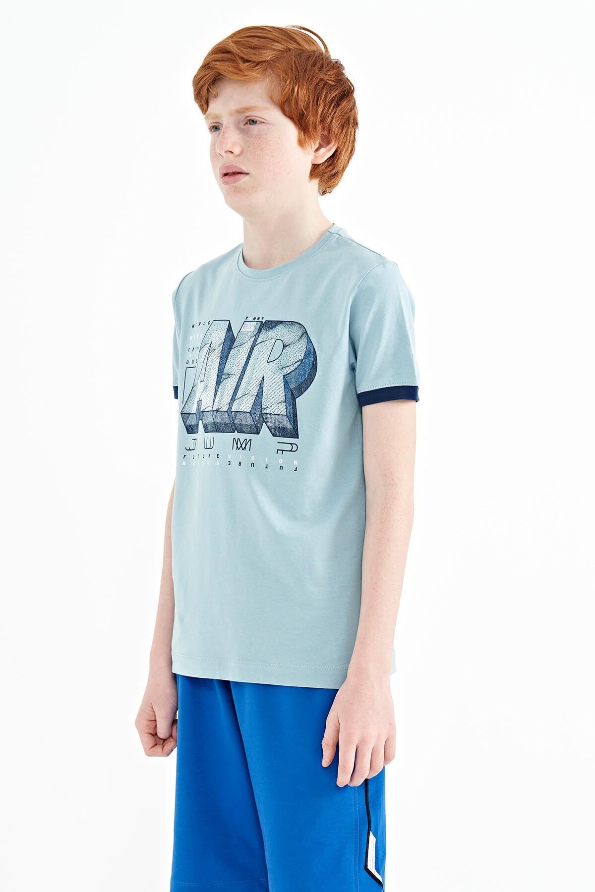 Light Blue Printed Text Standard Fit O Neck Boys T-Shirt - 11098