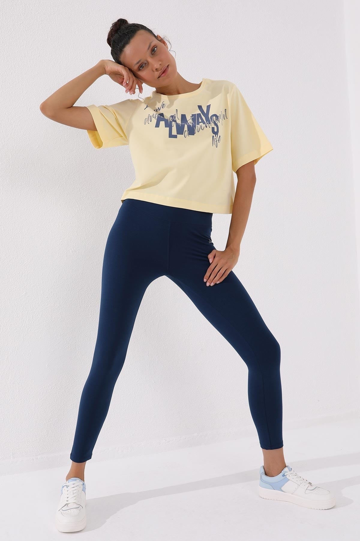 Light Yellow Asymmetric Print O Collar Women's Oversize T-Shirt - 97136
