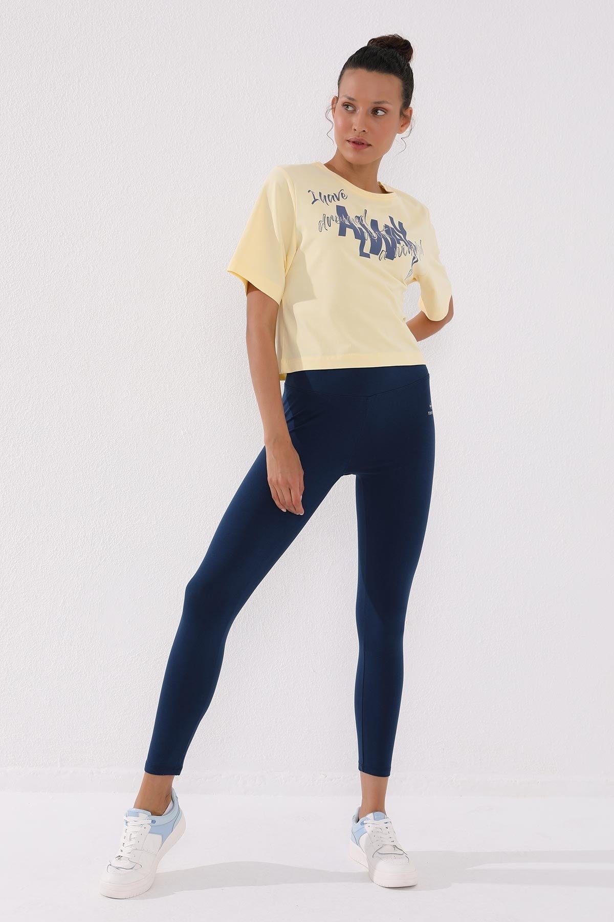 Light Yellow Asymmetric Print O Collar Women's Oversize T-Shirt - 97136