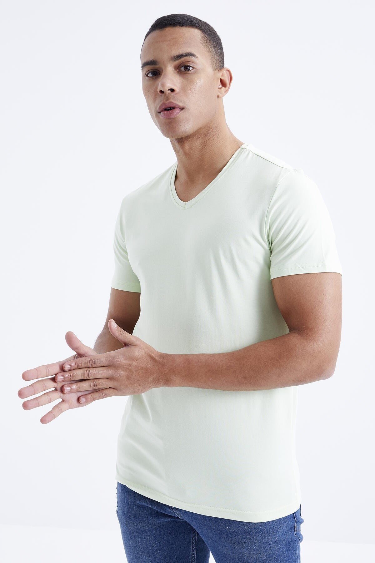 Light Green Basic Short Sleeve Standard Fit V Neck Men's T-Shirt - 87912