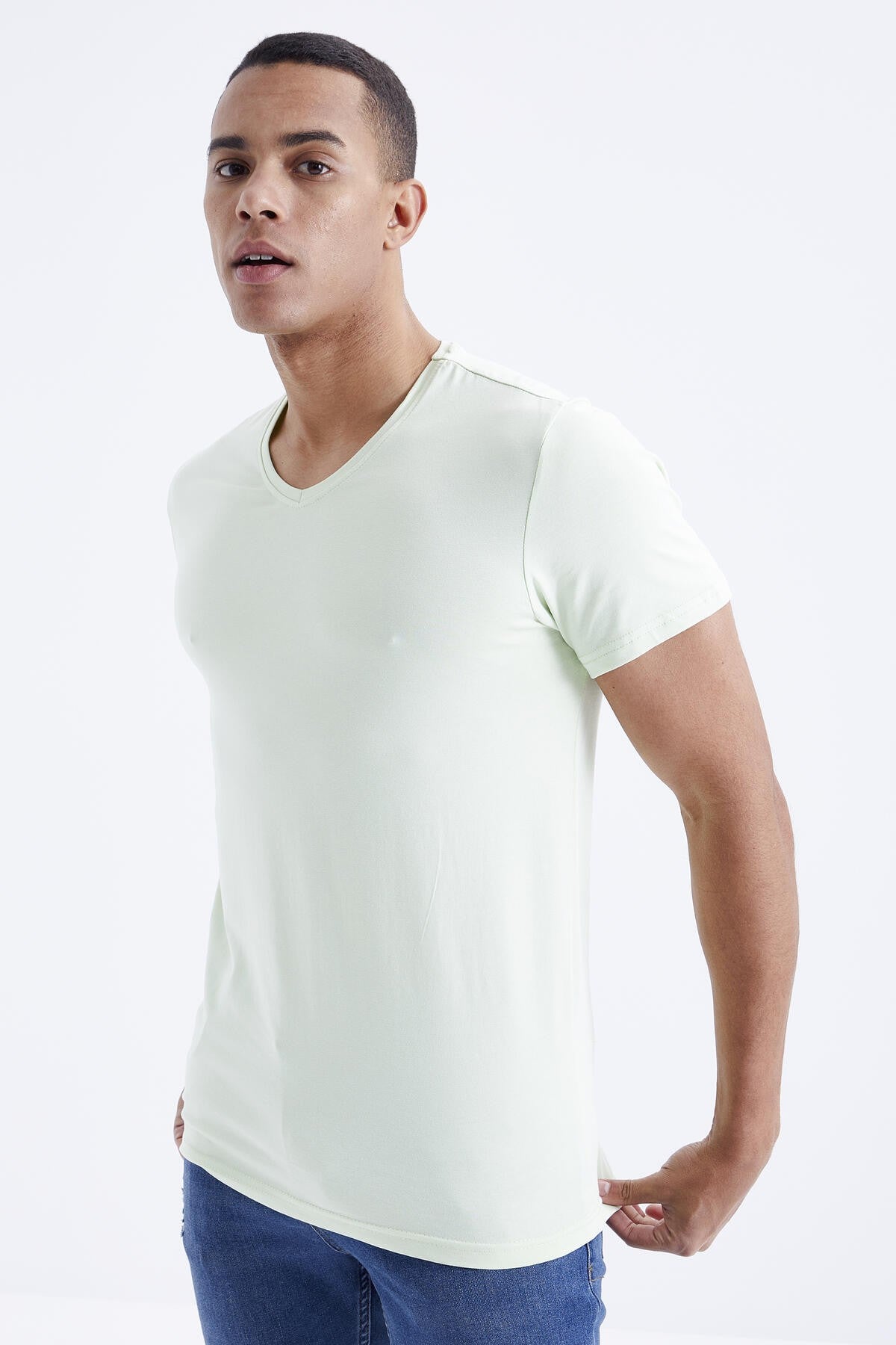 Light Green Basic Short Sleeve Standard Fit V Neck Men's T-Shirt - 87912