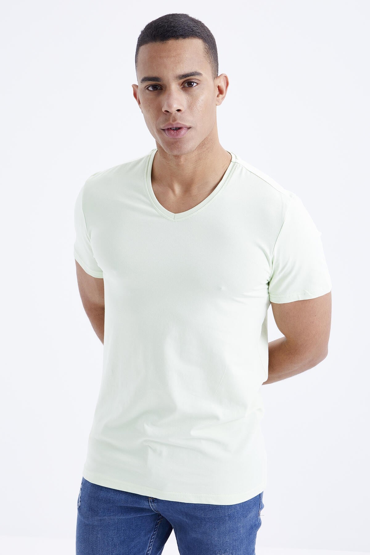 Light Green Basic Short Sleeve Standard Fit V Neck Men's T-Shirt - 87912