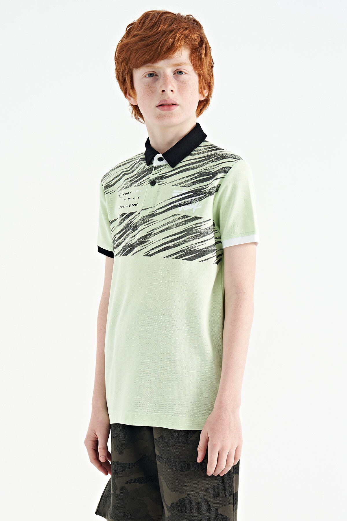 Light Green Print Detailed Polo Collar Standard Fit Boys' T-Shirt - 11161
