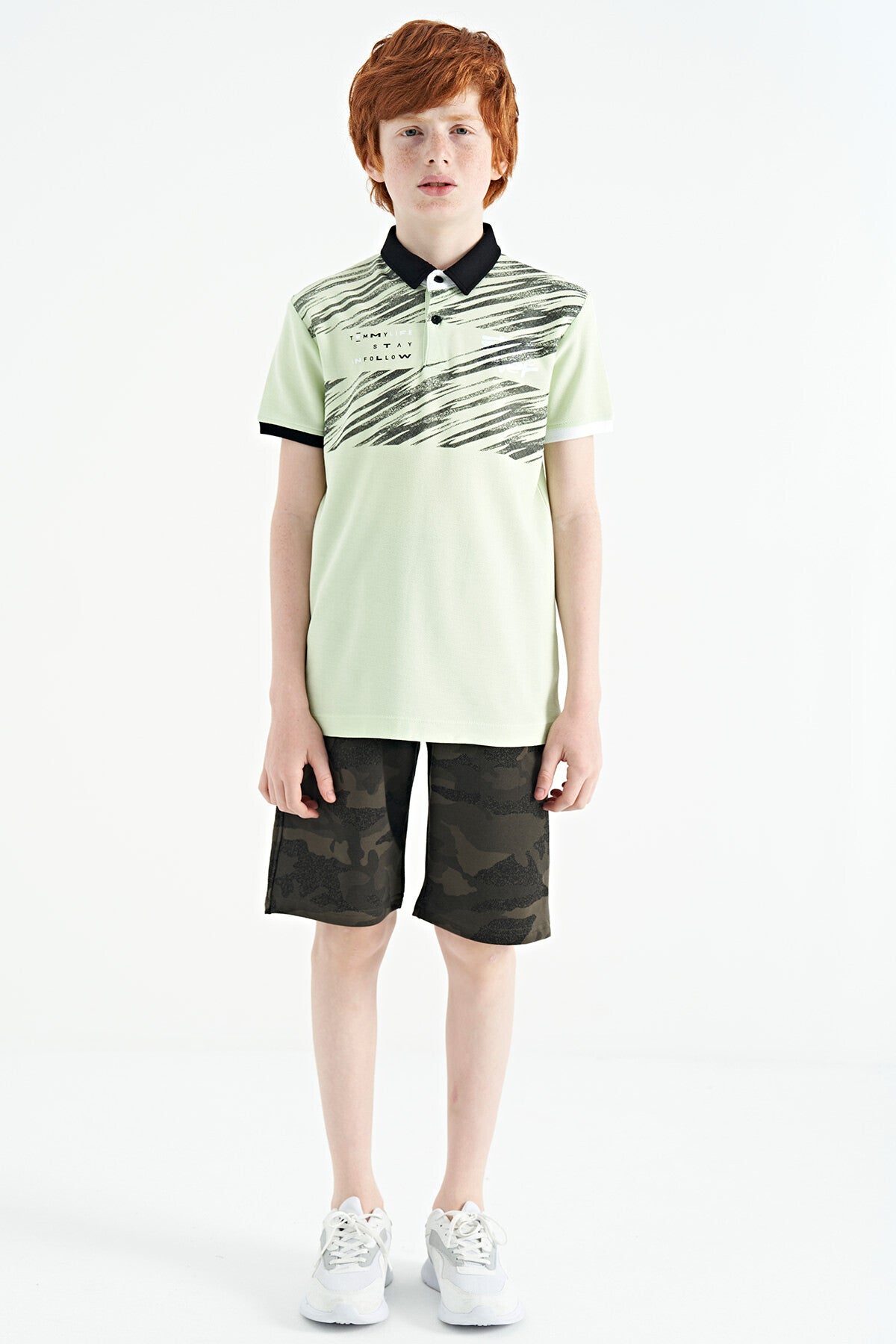 Light Green Print Detailed Polo Collar Standard Fit Boys' T-Shirt - 11161