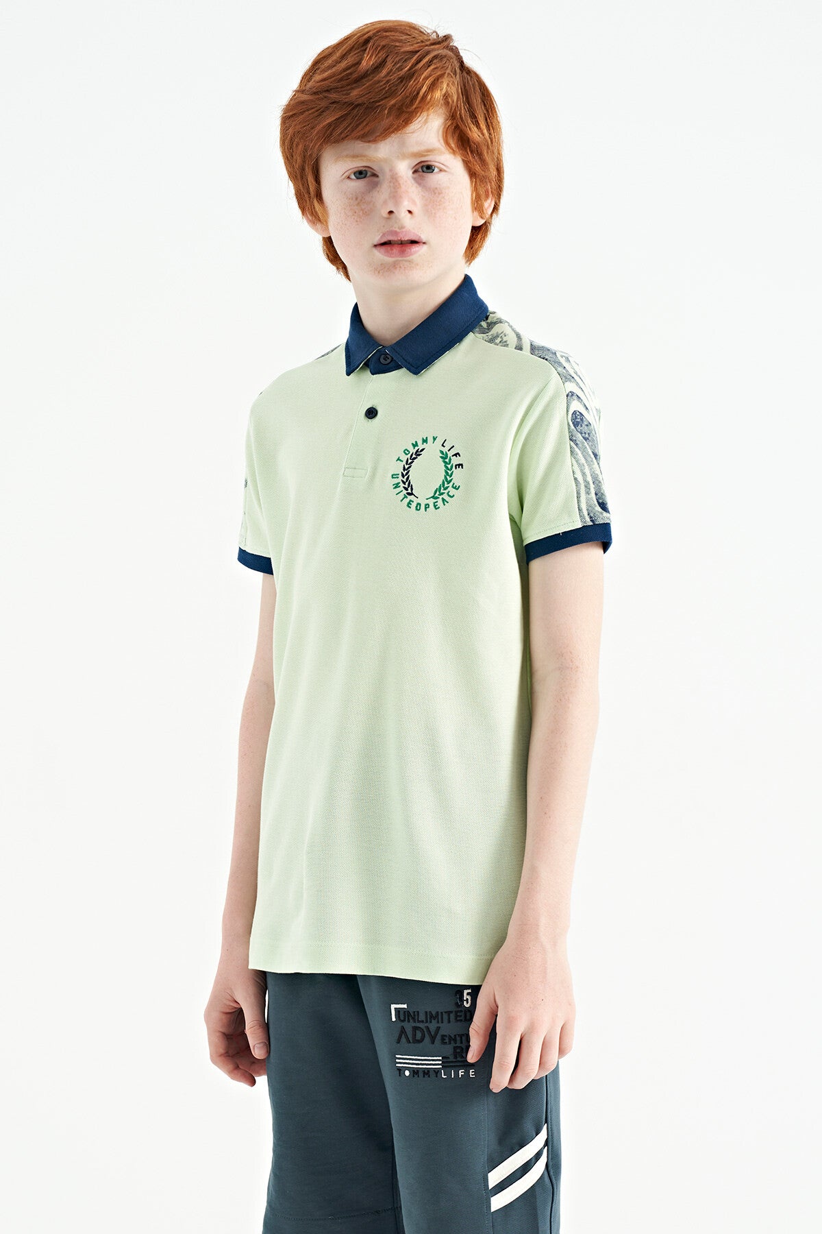 Light Green Print Detailed Polo Collar Standard Fit Boys' T-Shirt - 11166