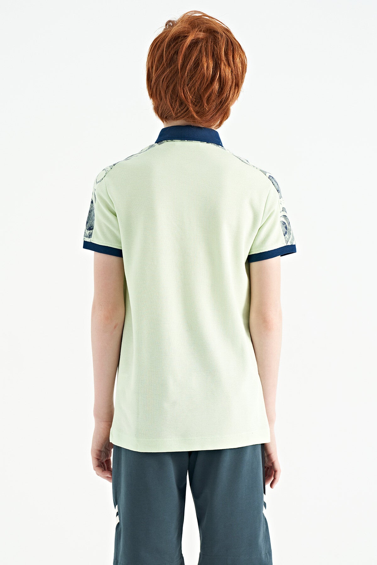 Light Green Print Detailed Polo Collar Standard Fit Boys' T-Shirt - 11166