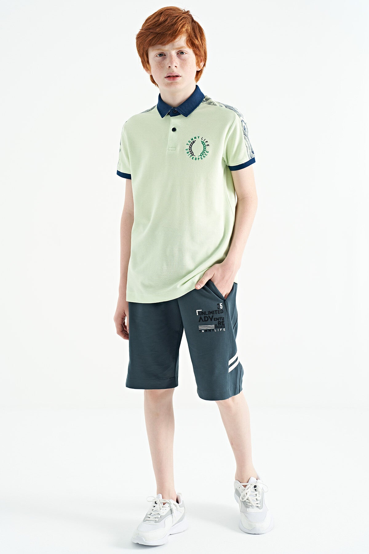 Light Green Print Detailed Polo Collar Standard Fit Boys' T-Shirt - 11166