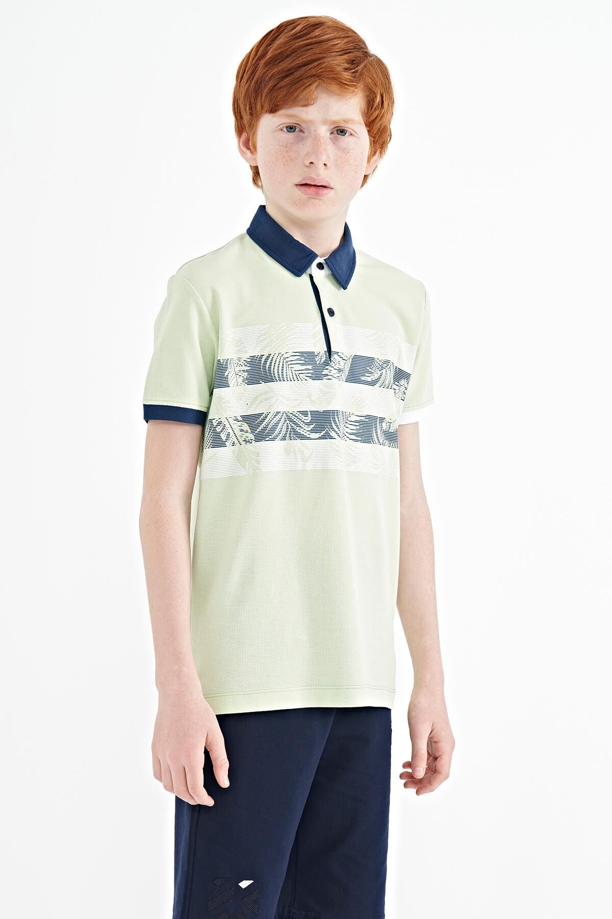 Light Green Print Detailed Standard Cut Polo Collar Boys T-Shirt - 11101