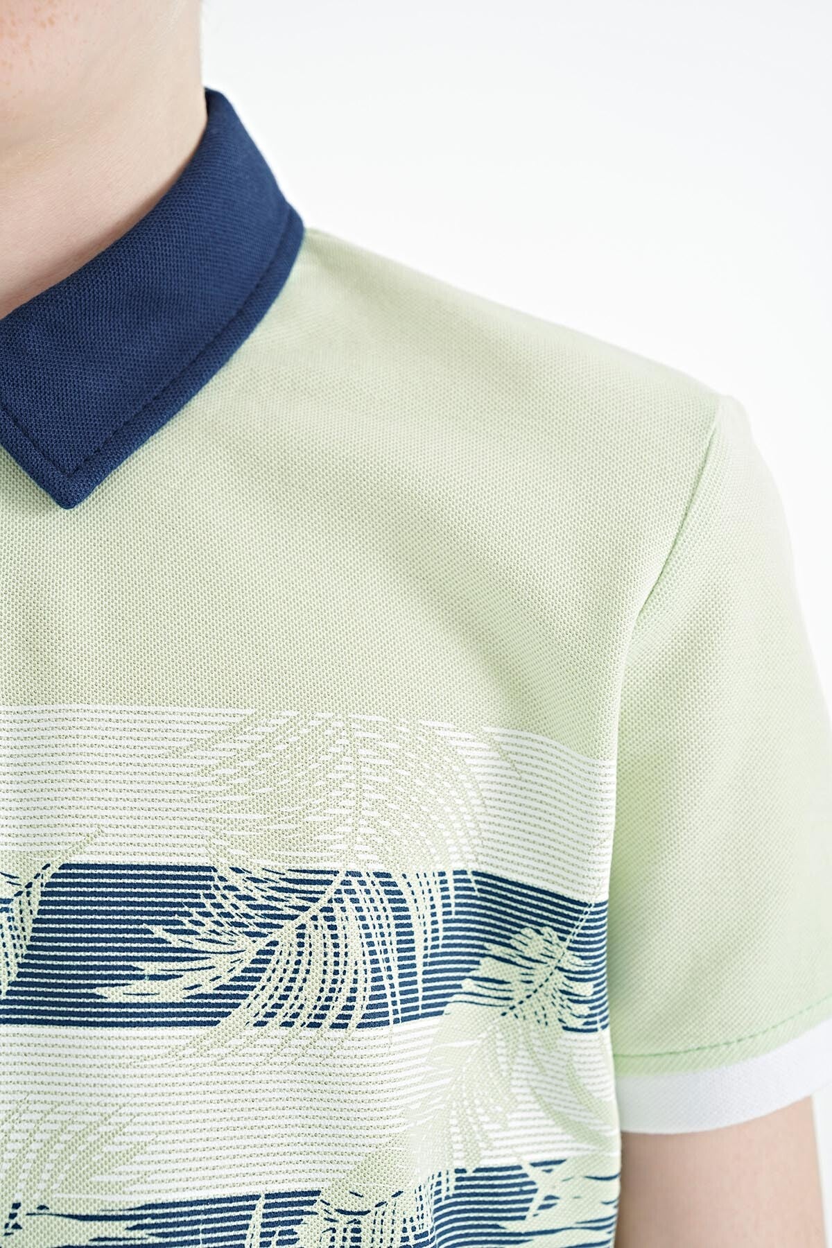 Light Green Print Detailed Standard Cut Polo Collar Boys T-Shirt - 11101