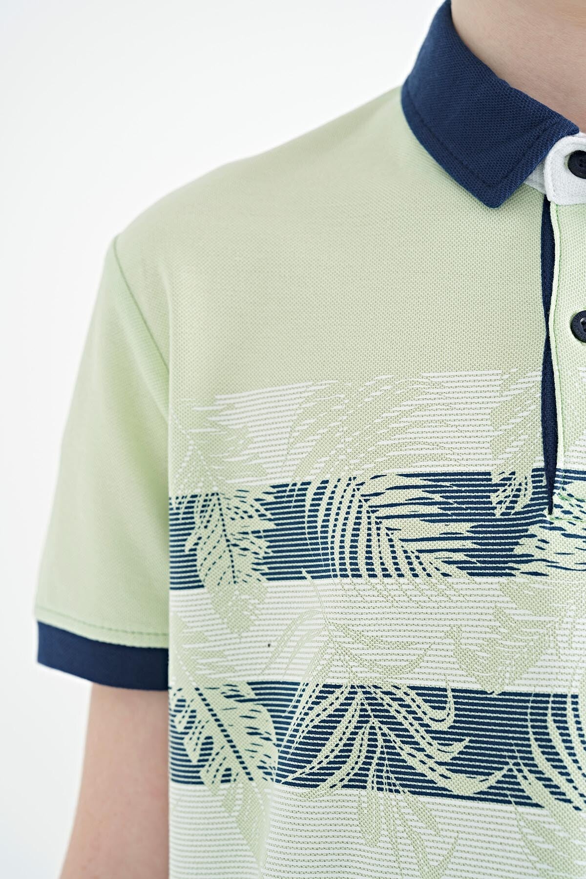 Light Green Print Detailed Standard Cut Polo Collar Boys T-Shirt - 11101