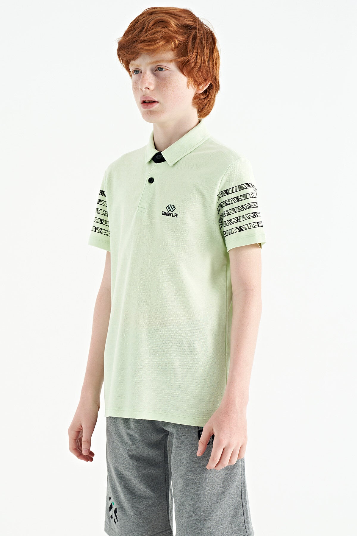 Light Green Sleeve Print Detailed Standard Cut Polo Collar Boys T-Shirt - 11093