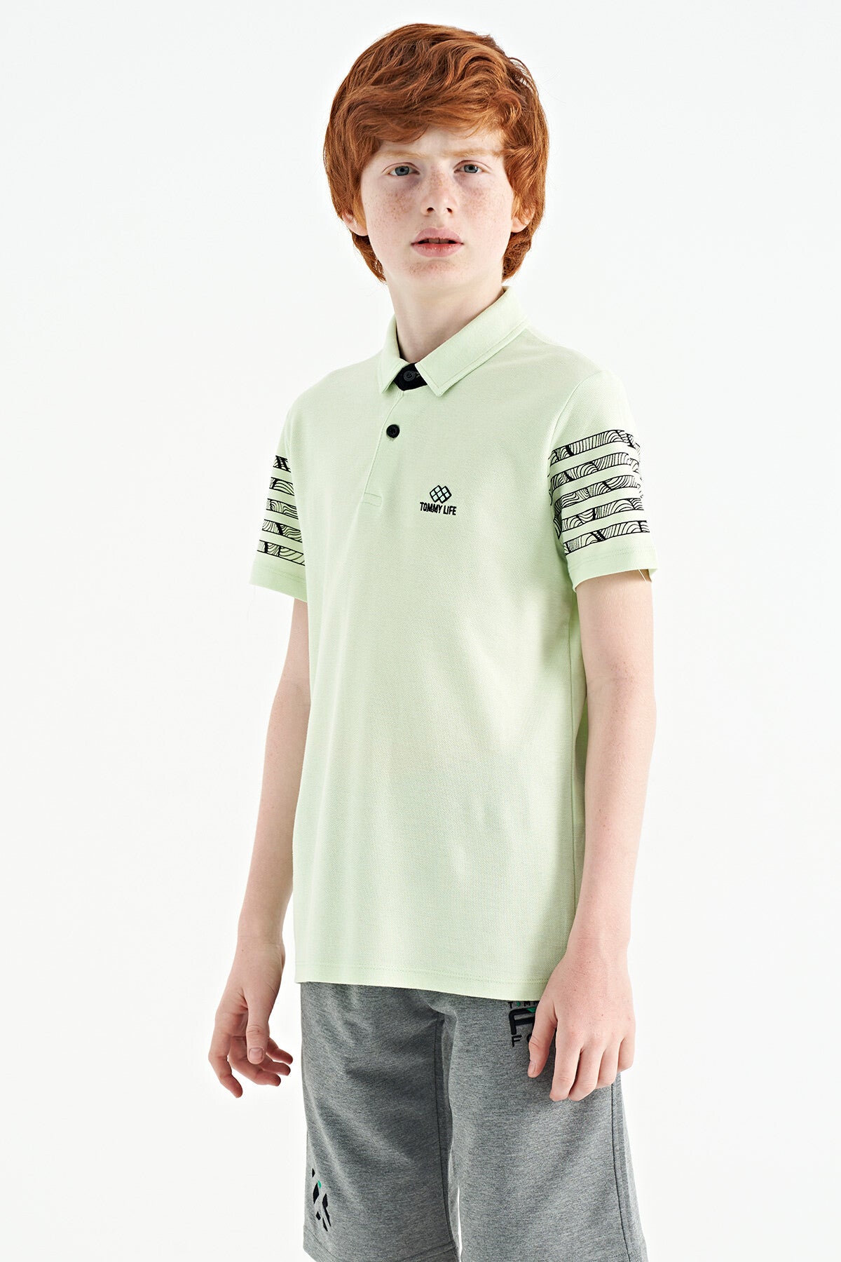 Light Green Sleeve Print Detailed Standard Cut Polo Collar Boys T-Shirt - 11093