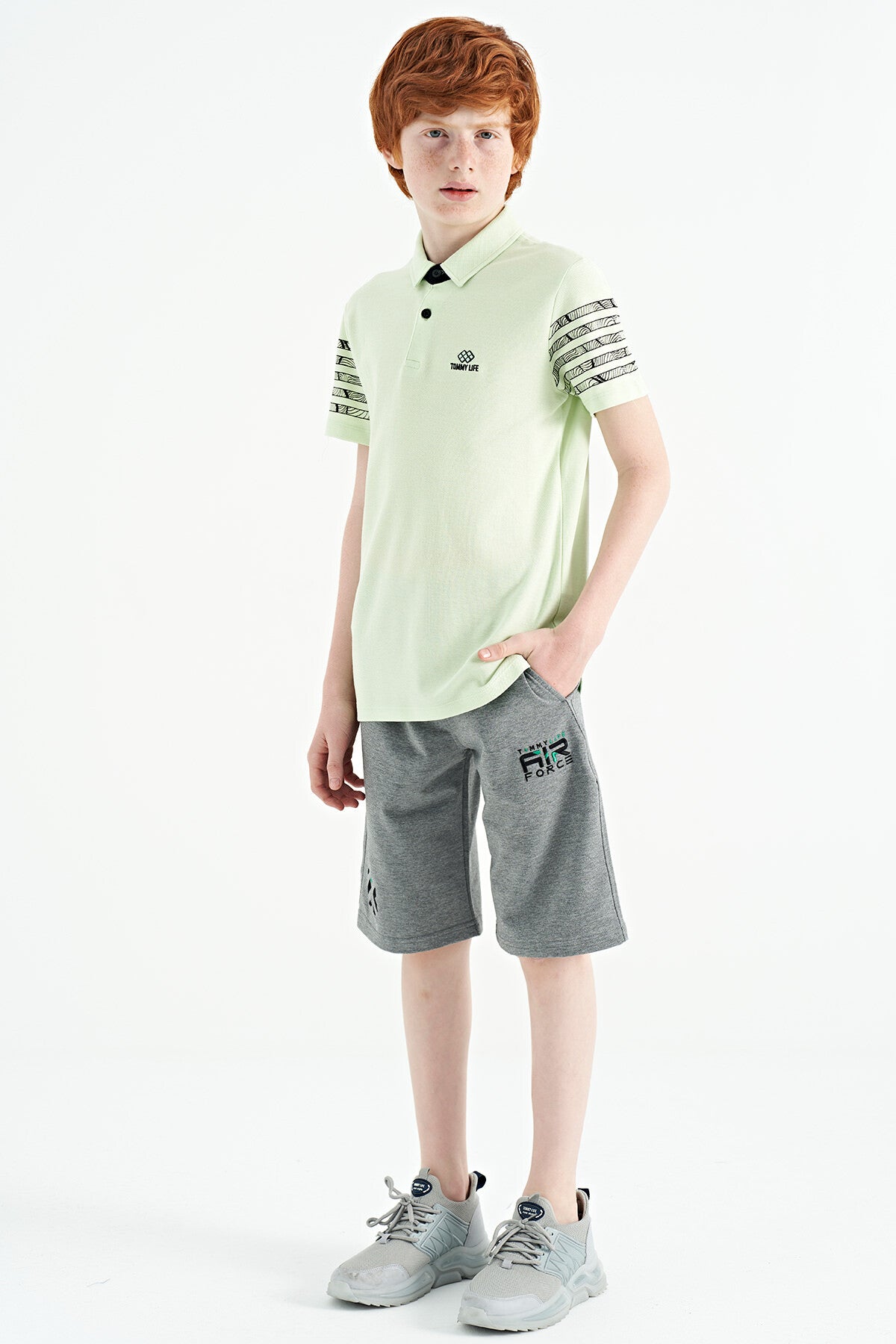 Light Green Sleeve Print Detailed Standard Cut Polo Collar Boys T-Shirt - 11093