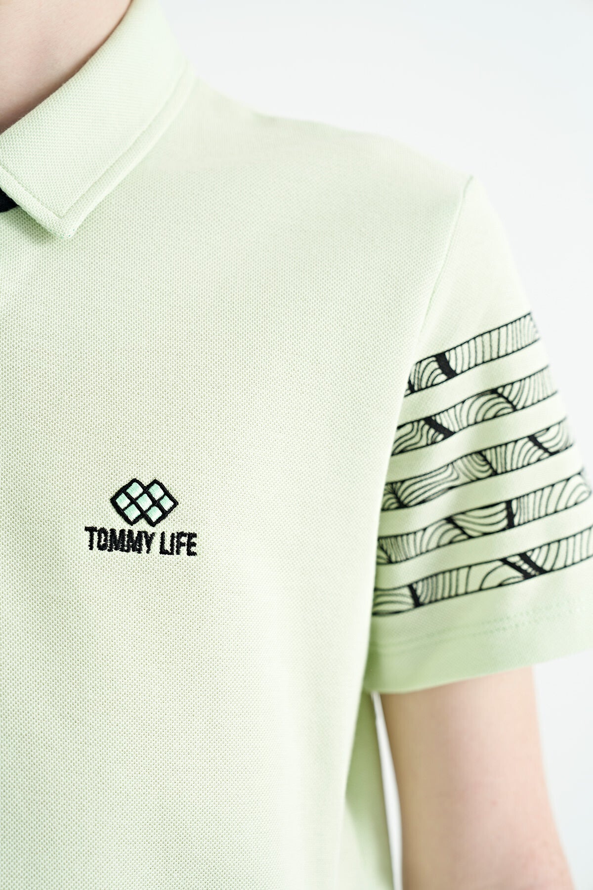 Light Green Sleeve Print Detailed Standard Cut Polo Collar Boys T-Shirt - 11093