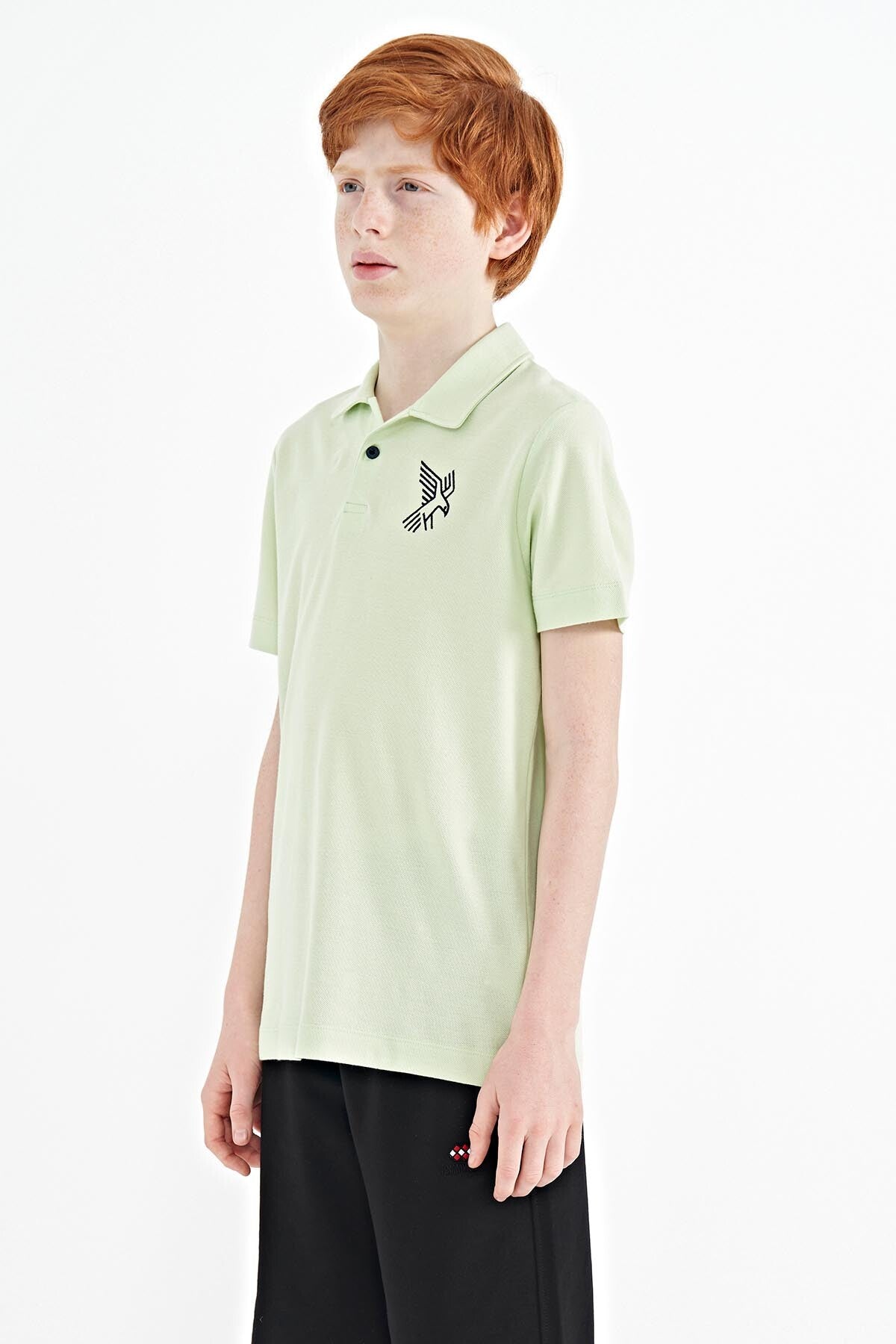 Light Green Minimal Embroidery Detailed Standard Fit Polo Collar Boys' T-Shirt - 11084