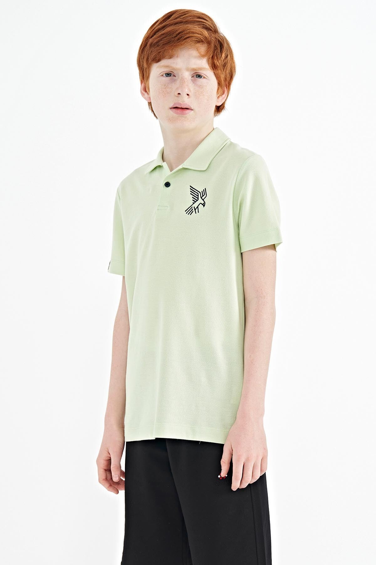 Light Green Minimal Embroidery Detailed Standard Fit Polo Collar Boys' T-Shirt - 11084