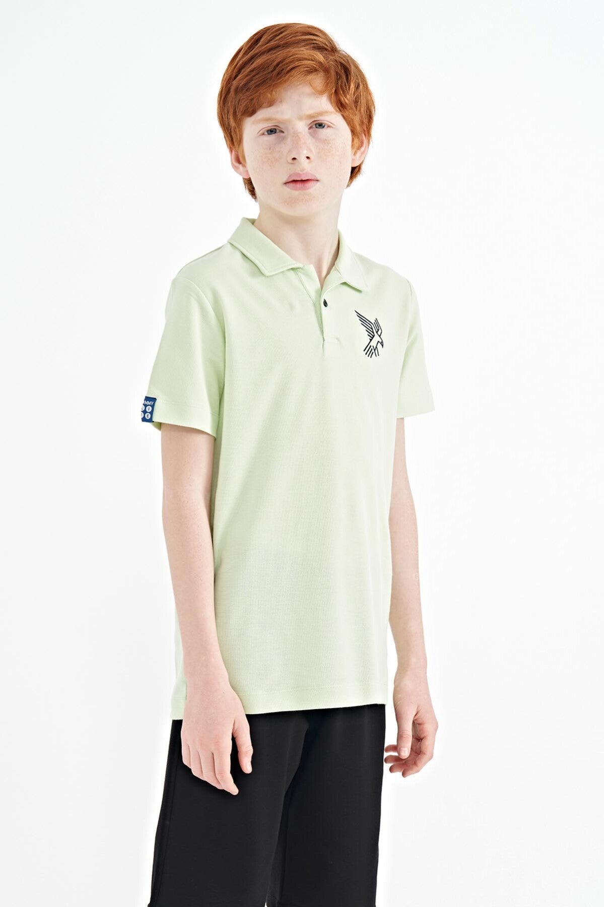 Light Green Minimal Embroidery Detailed Standard Fit Polo Collar Boys' T-Shirt - 11084