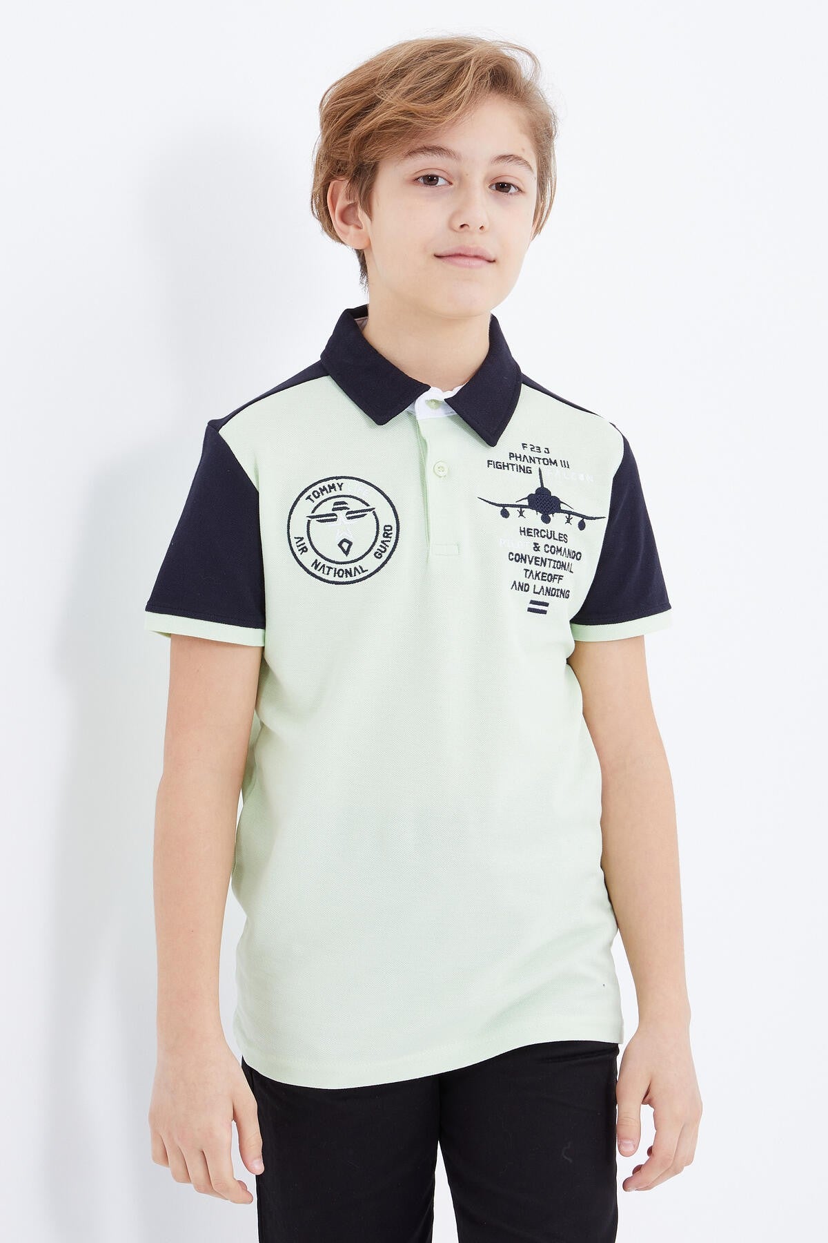 Light Green Embroidered Detailed Short Sleeve Polo Collar Boys' T-Shirt - 10906