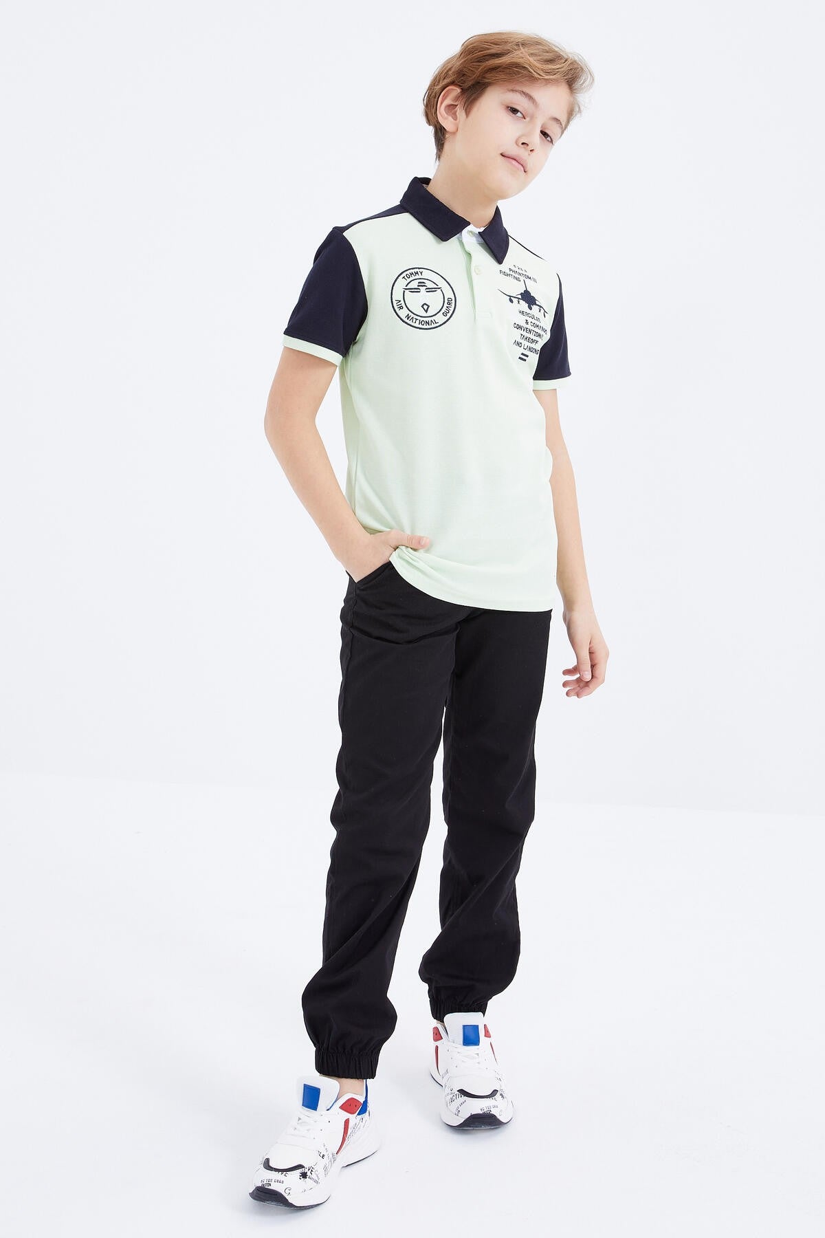 Light Green Embroidered Detailed Short Sleeve Polo Collar Boys' T-Shirt - 10906