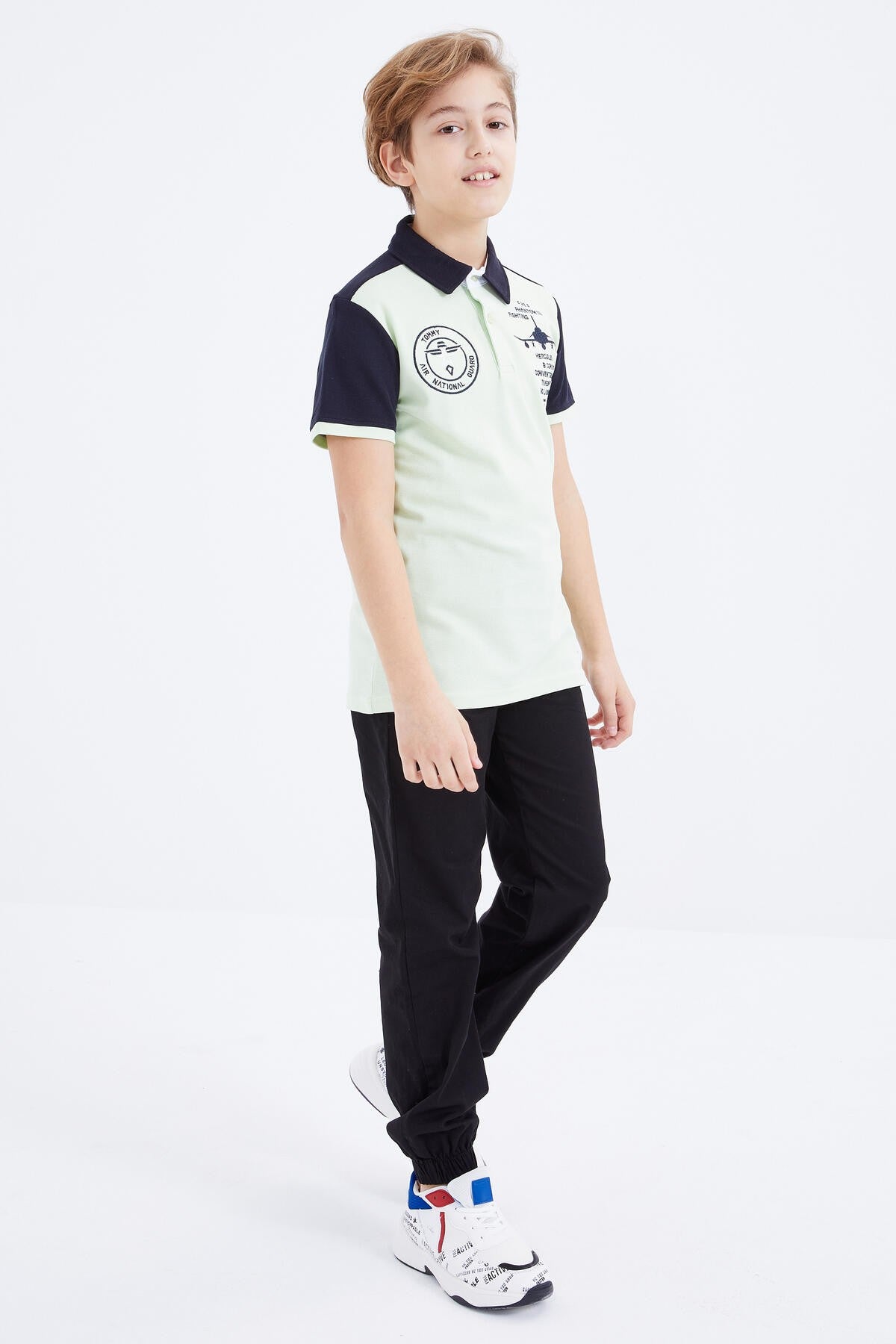 Light Green Embroidered Detailed Short Sleeve Polo Collar Boys' T-Shirt - 10906