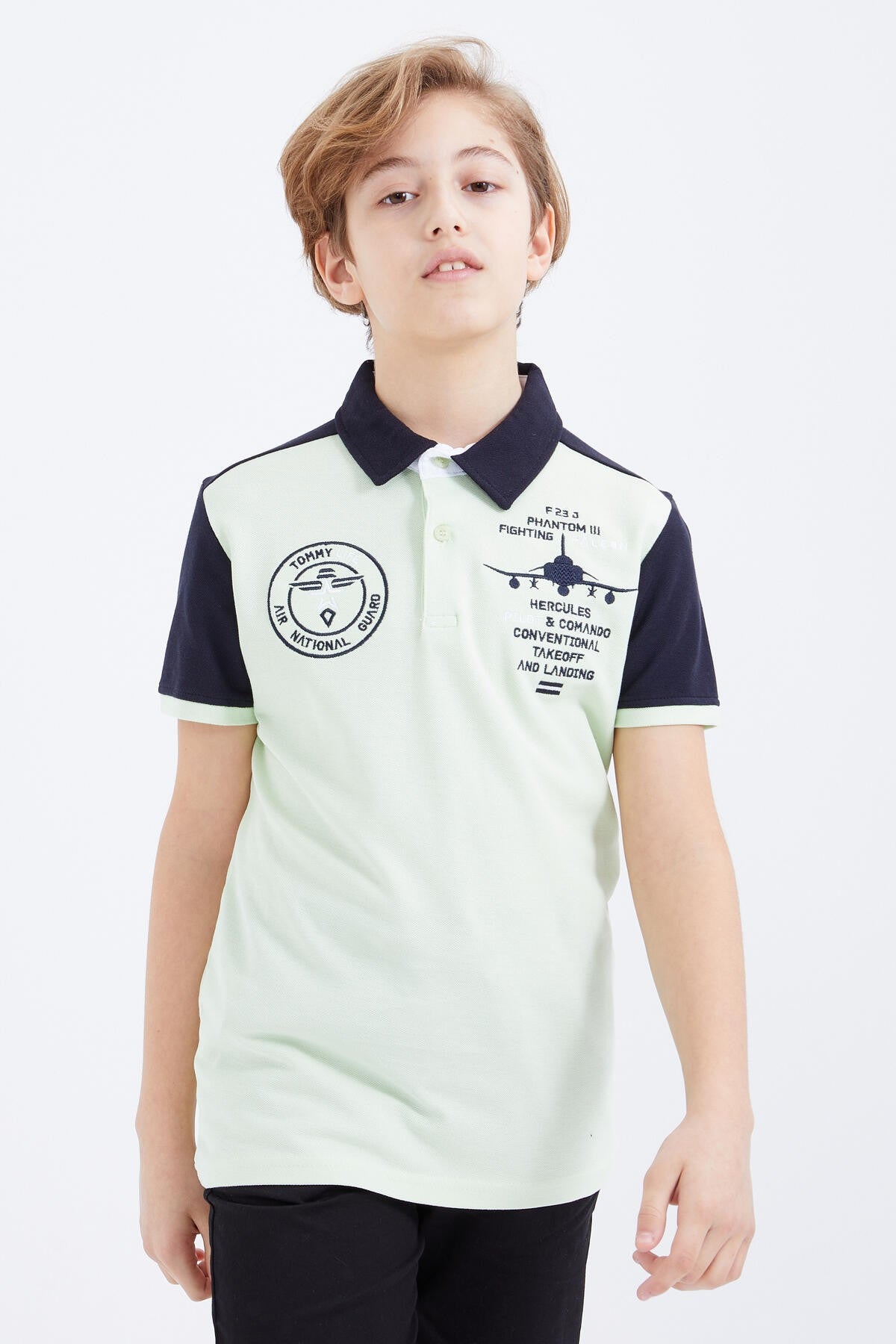Light Green Embroidered Detailed Short Sleeve Polo Collar Boys' T-Shirt - 10906